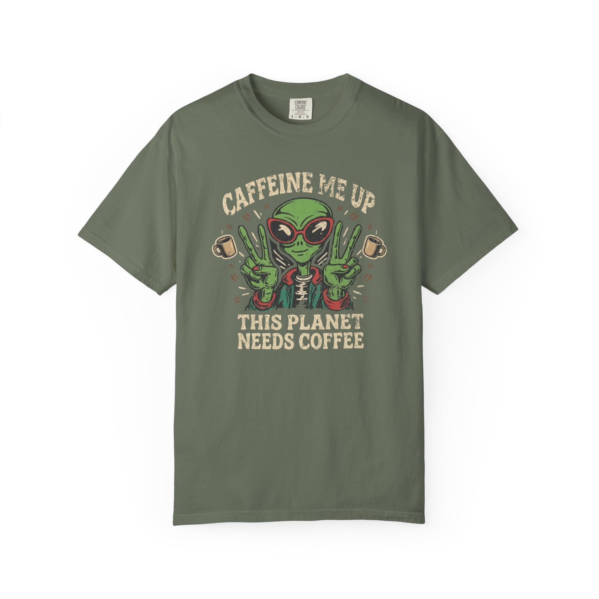 Olive green unisex cotton t-shirt featuring a distressed graphic of an alien making peace signs.