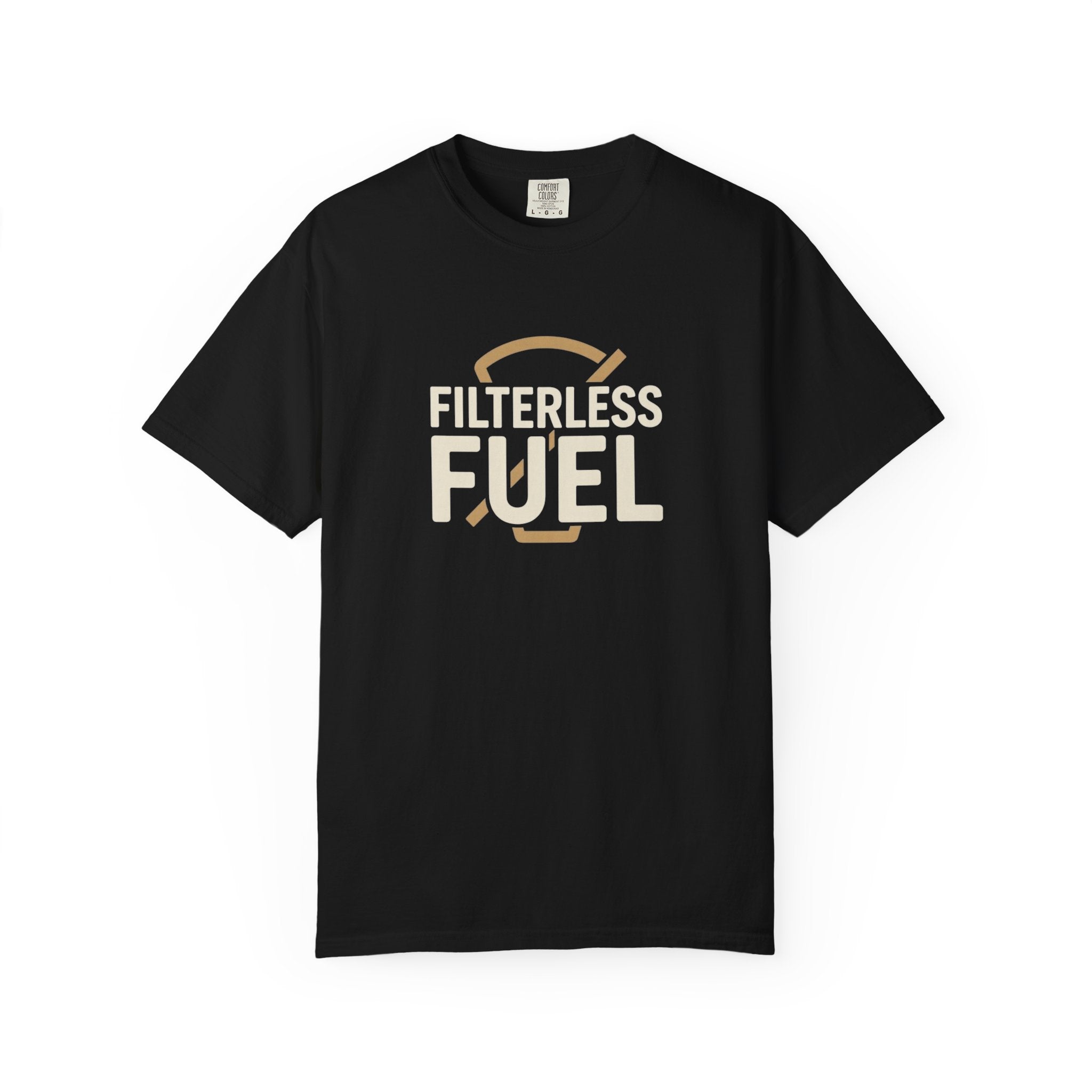A black unisex cotton t-shirt featuring the text Filterless Fuel in a retro graphic design.