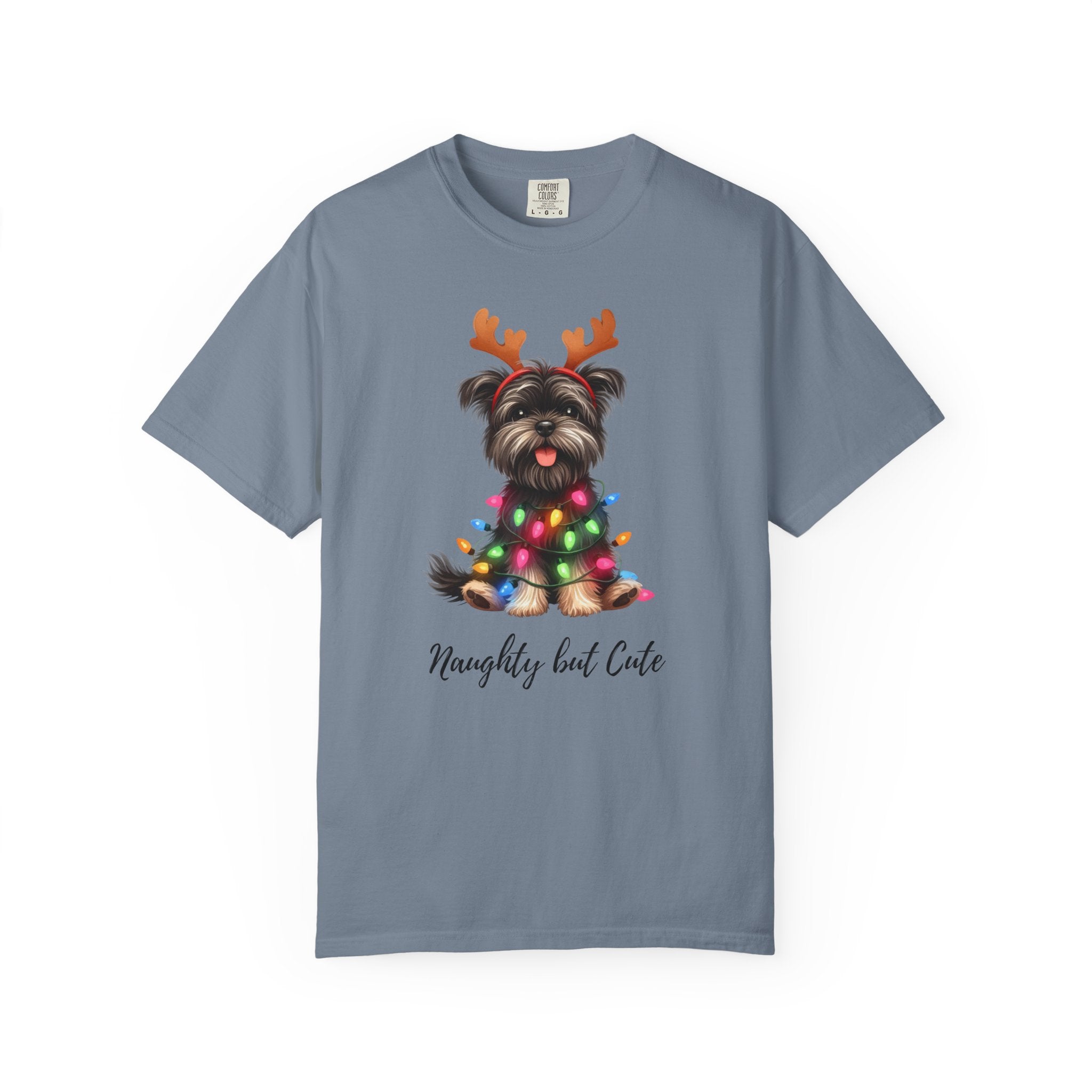 Blue-grey Comfort Colors unisex t-shirt featuring a Yorkie wearing reindeer antlers and lights.