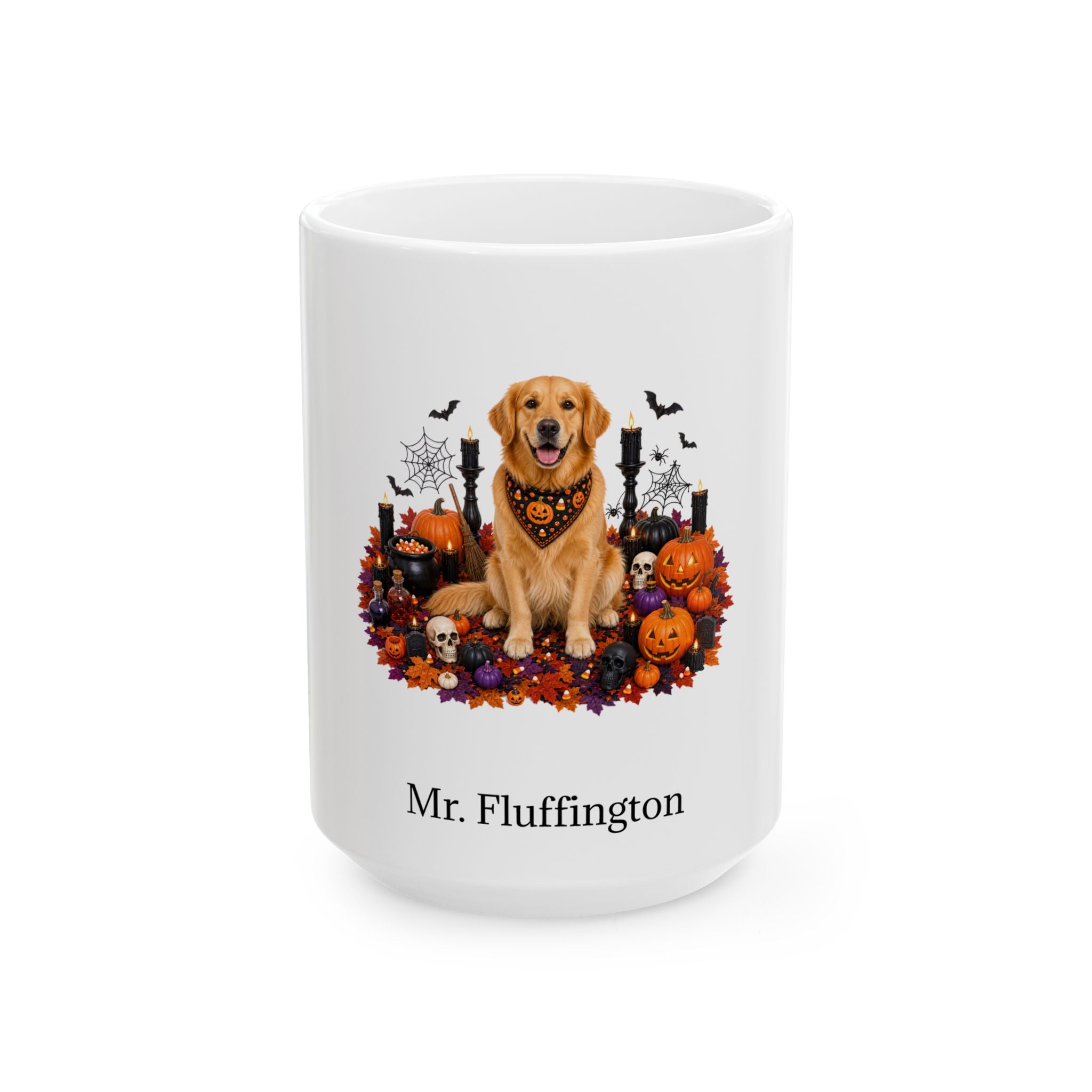 Personalized Golden Retriever dog Halloween mug, 15oz white ceramic, with custom pet name on front