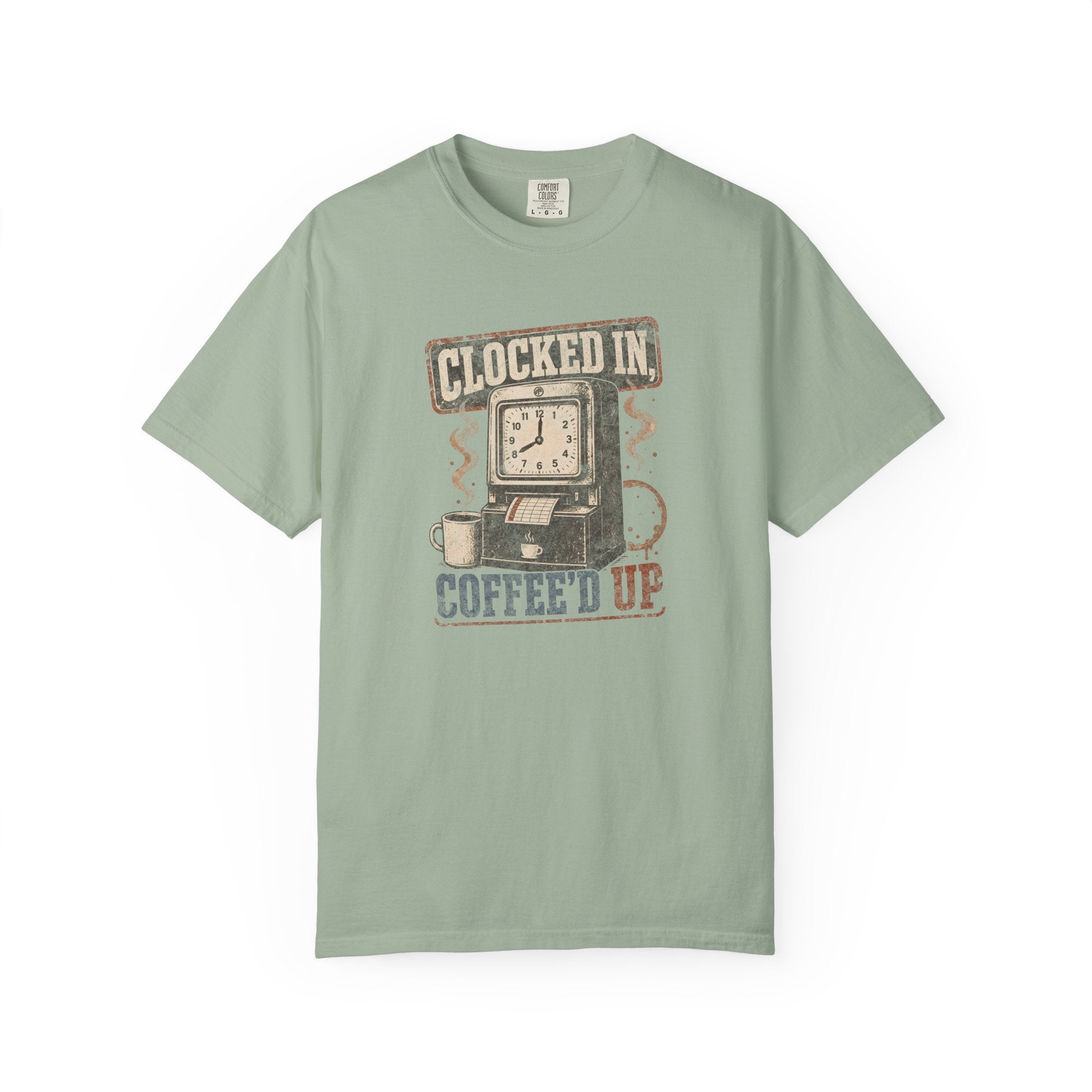 Sage green Comfort Colors 1717 t-shirt with a vintage clock and coffee graphic.