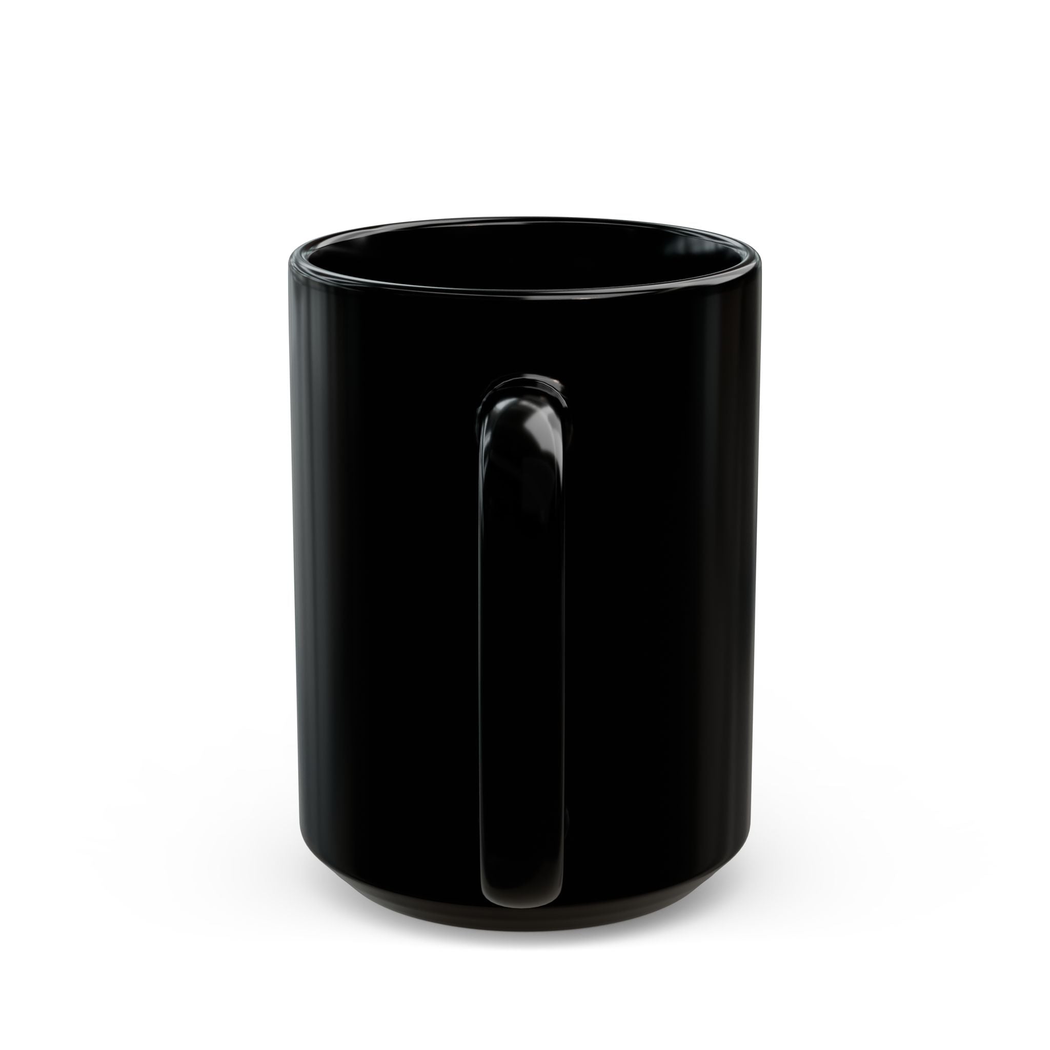 A plain black ceramic coffee mug viewed from the side, showing the handle.