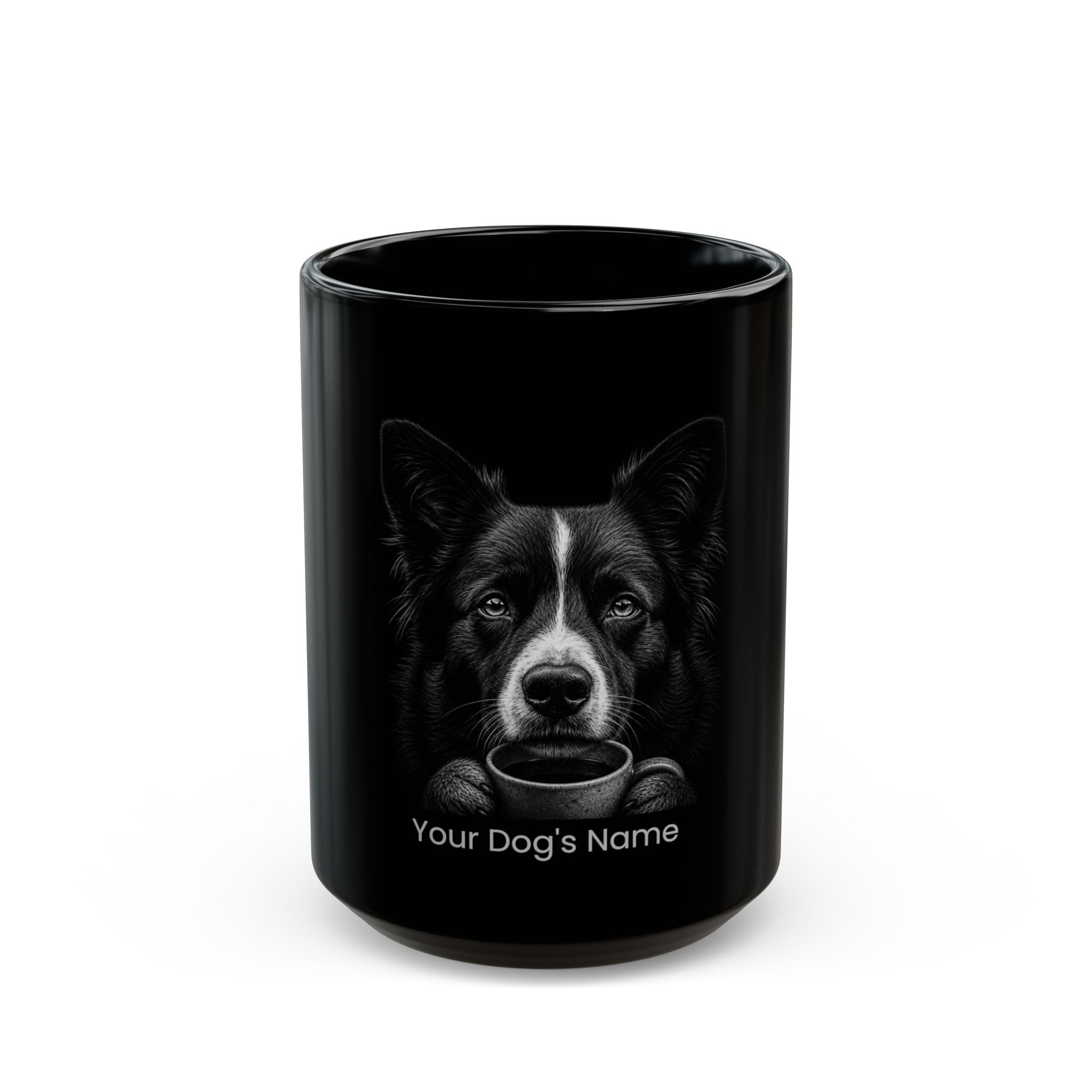 Personalized Karakachan black ceramic coffee mug with custom dog name