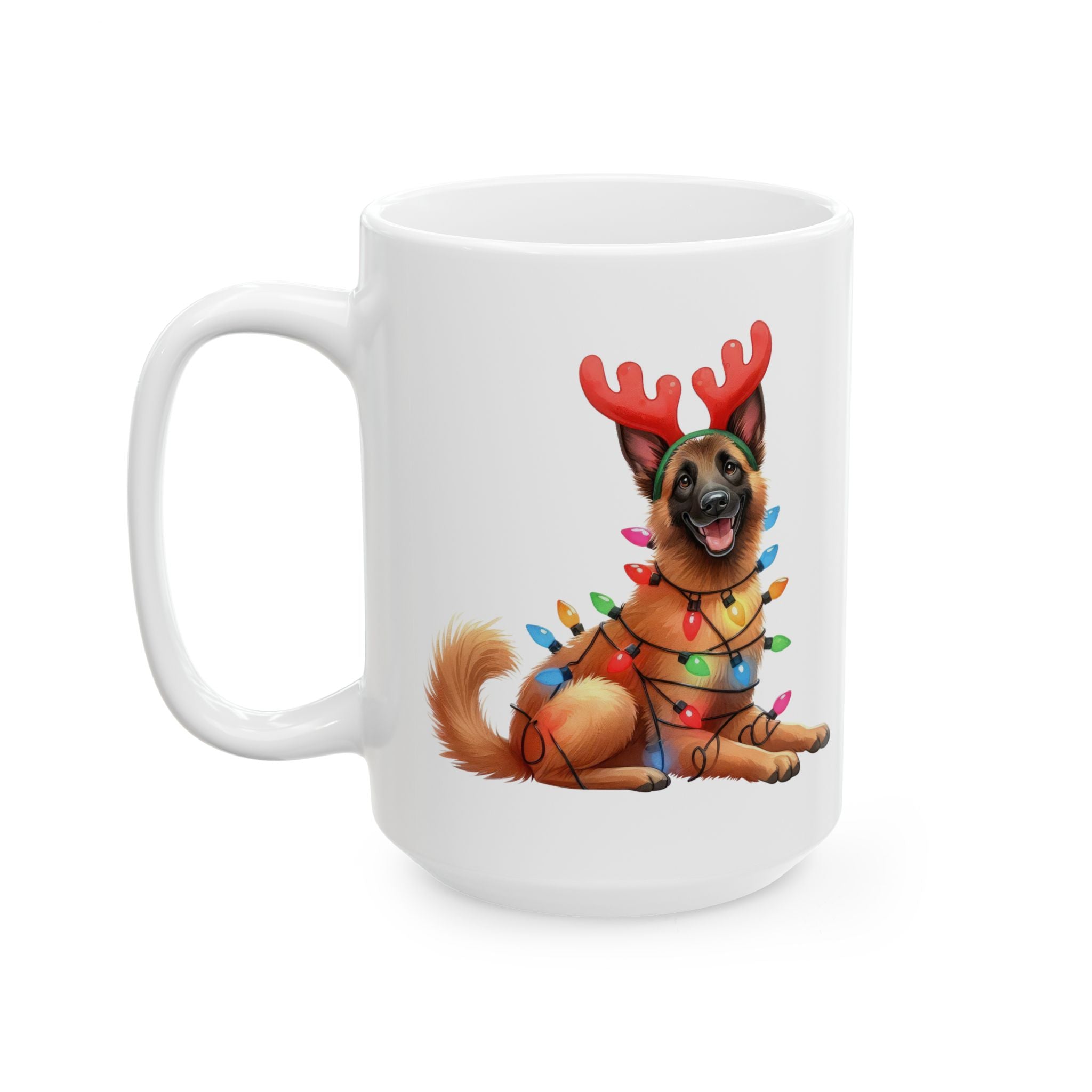 White ceramic mug with a Belgian Malinois wearing reindeer antlers and Christmas lights.