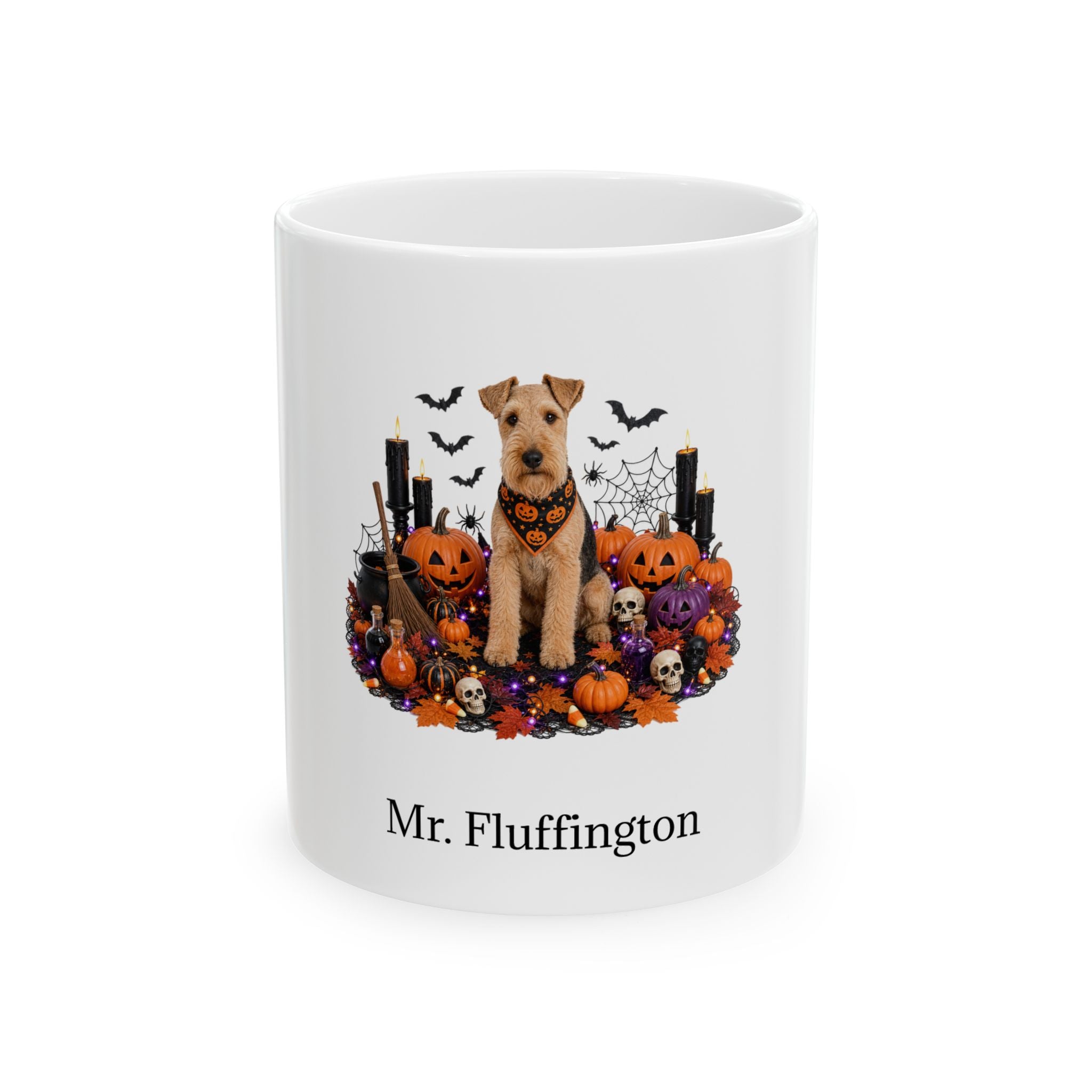 Personalized Lakeland Terrier dog Halloween mug, 11oz white ceramic, with custom pet name on front
