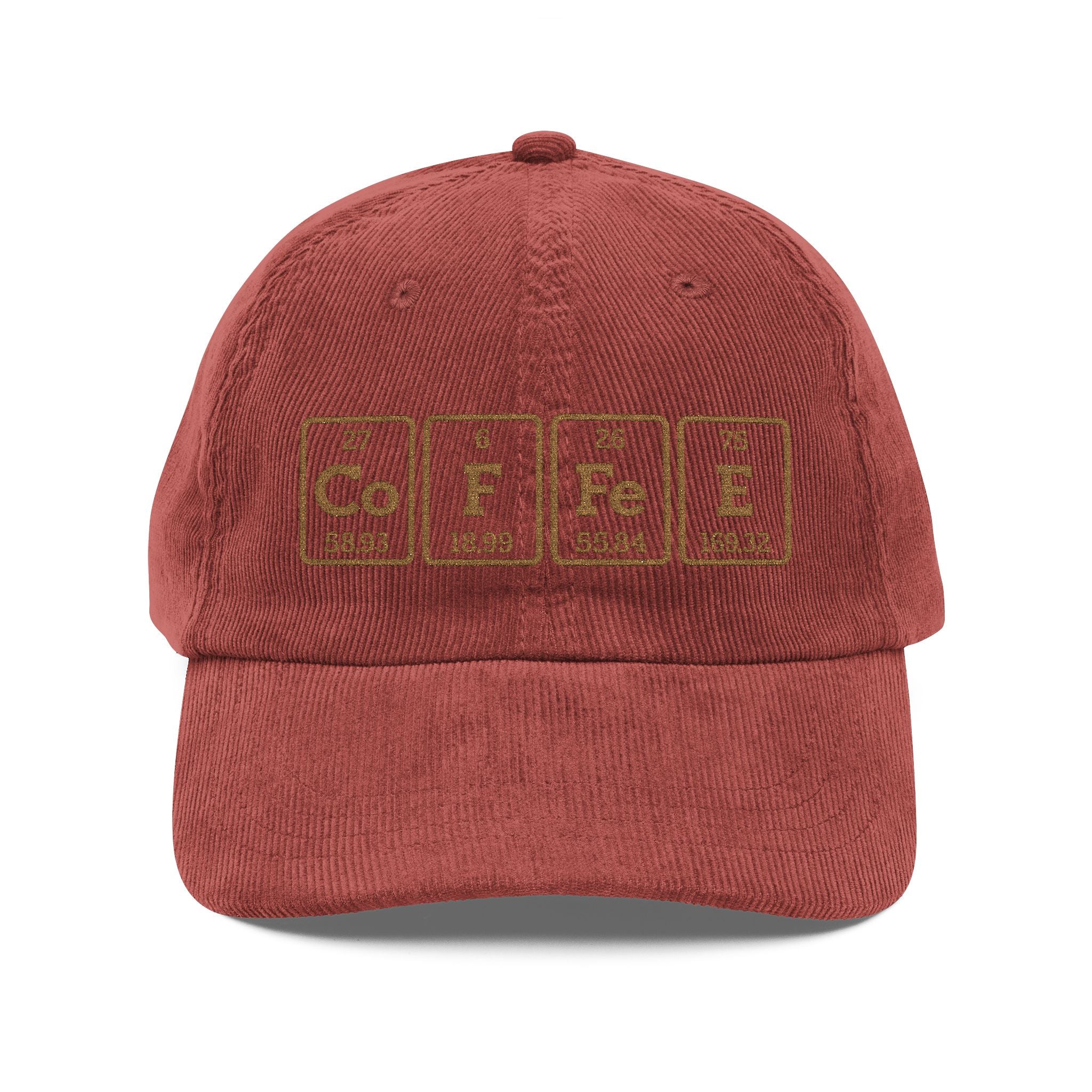 A red corduroy baseball cap featuring an embroidered periodic table design spelling COFFEE.