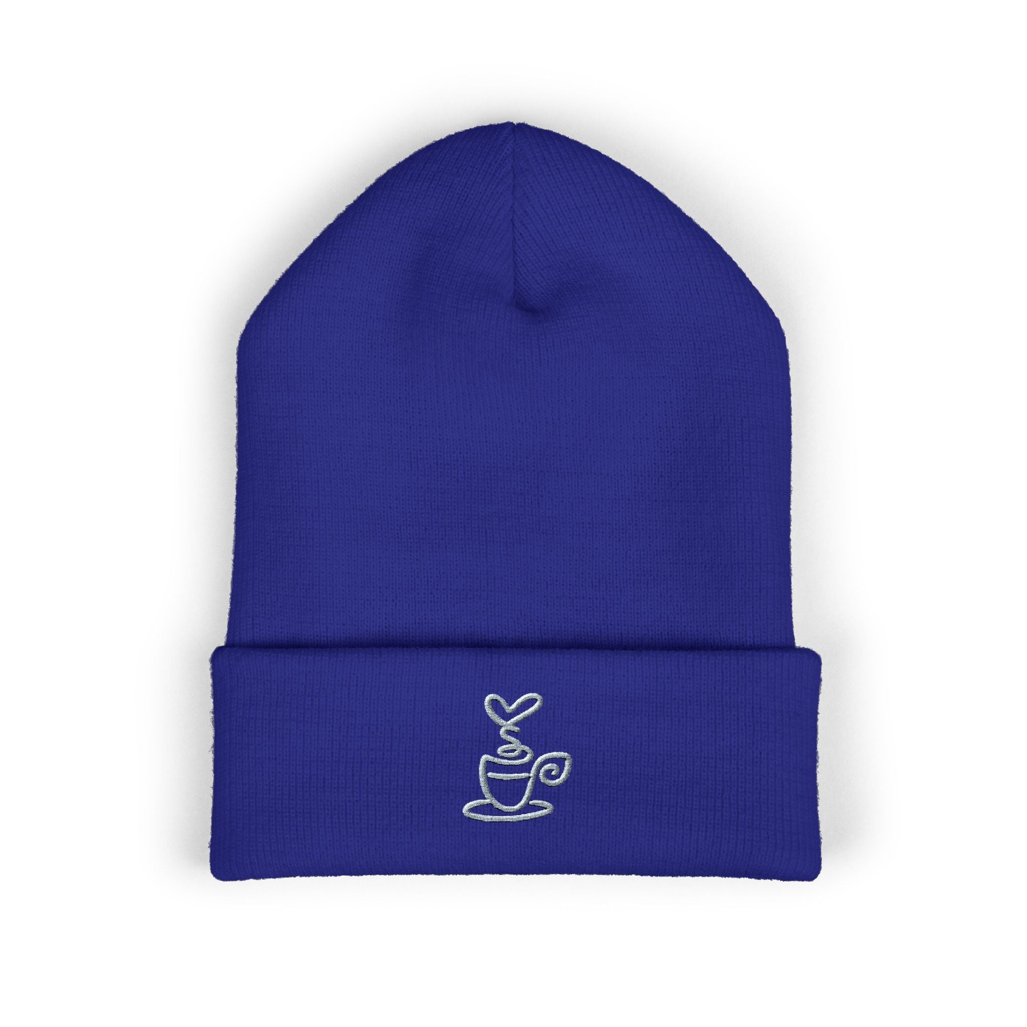 Embroidered coffee cup cuffed beanie in royal blue.