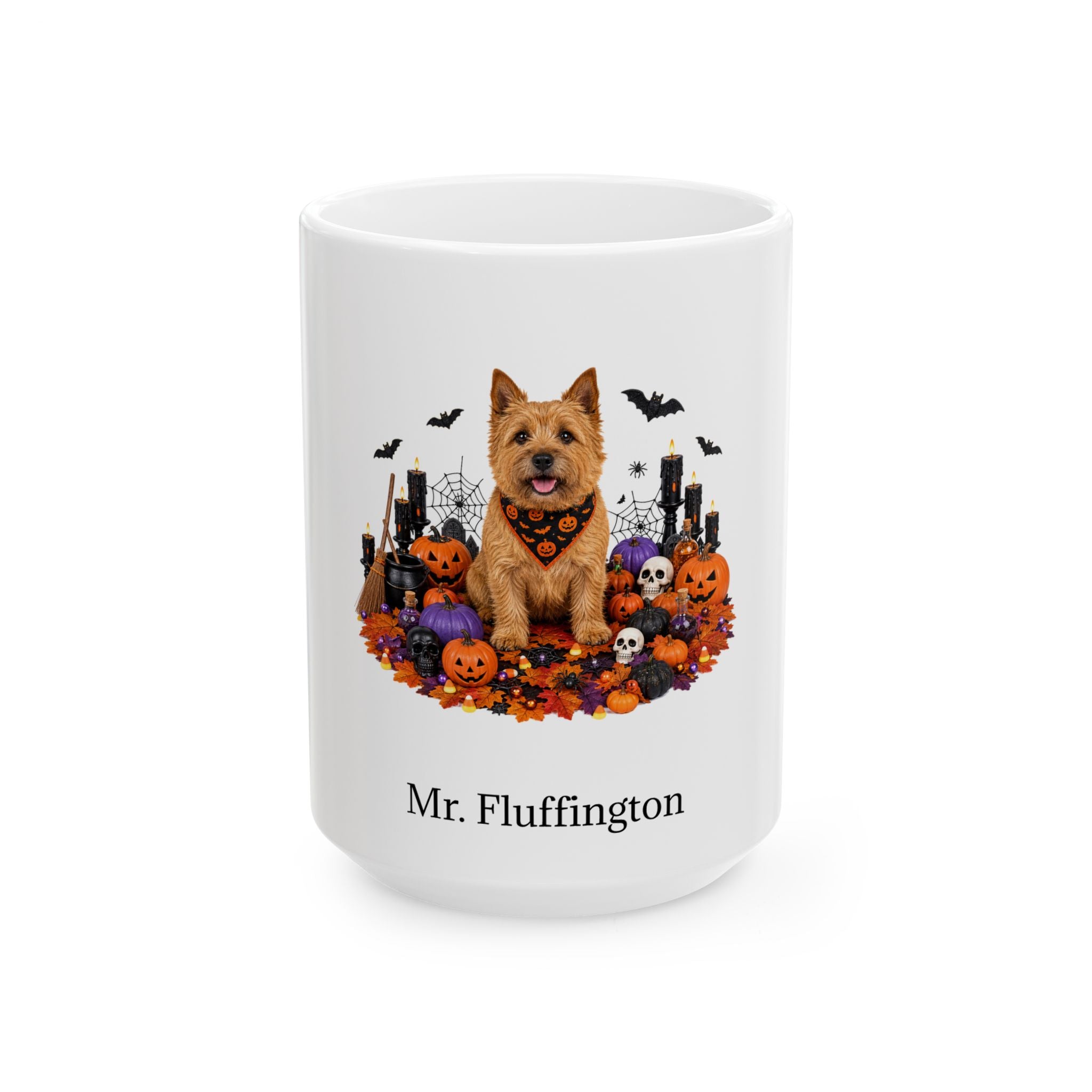 Personalized Norwich Terrier dog Halloween mug, 15oz white ceramic, with custom pet name on front
