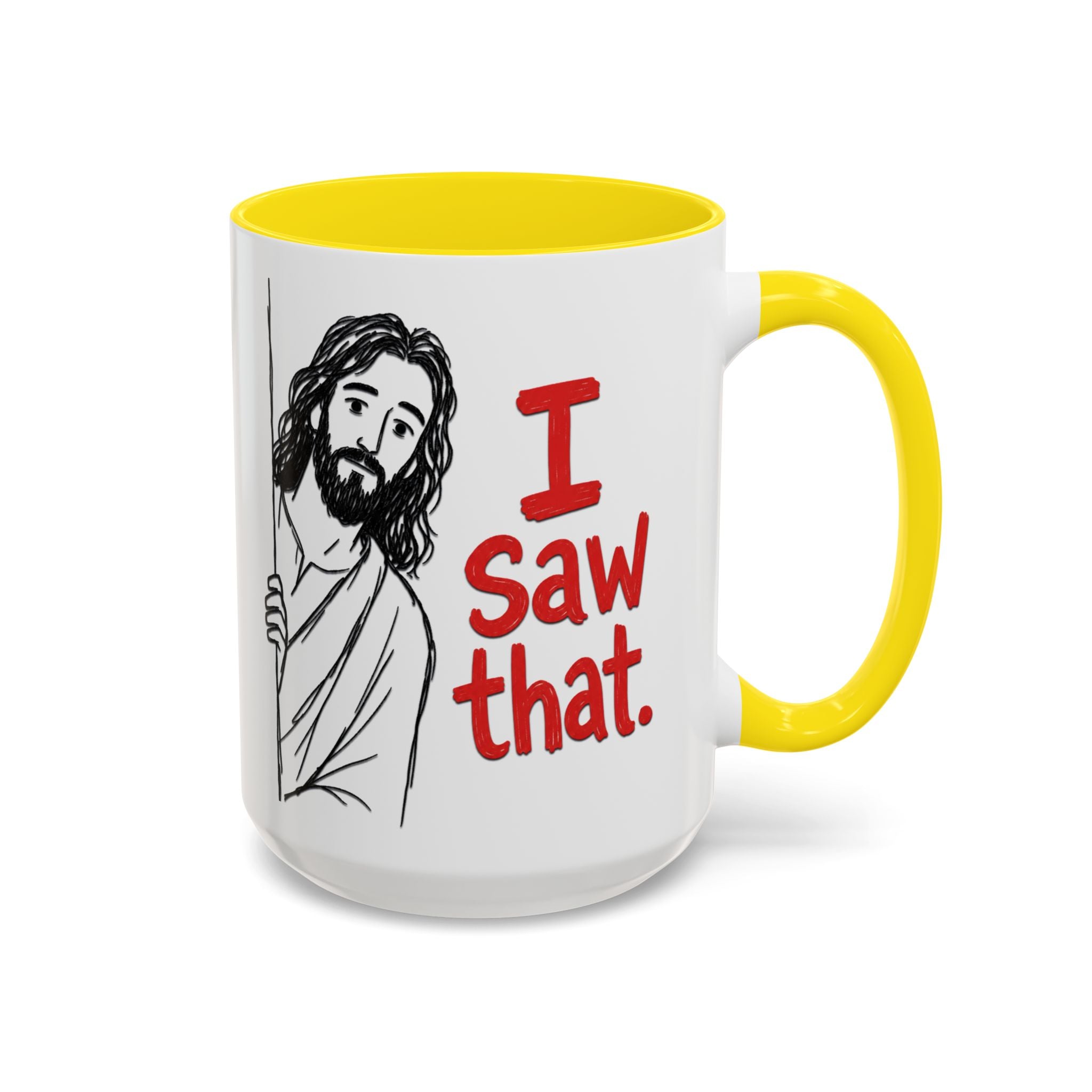 White ceramic mug with a yellow handle and interior, featuring a drawing of Jesus and text.