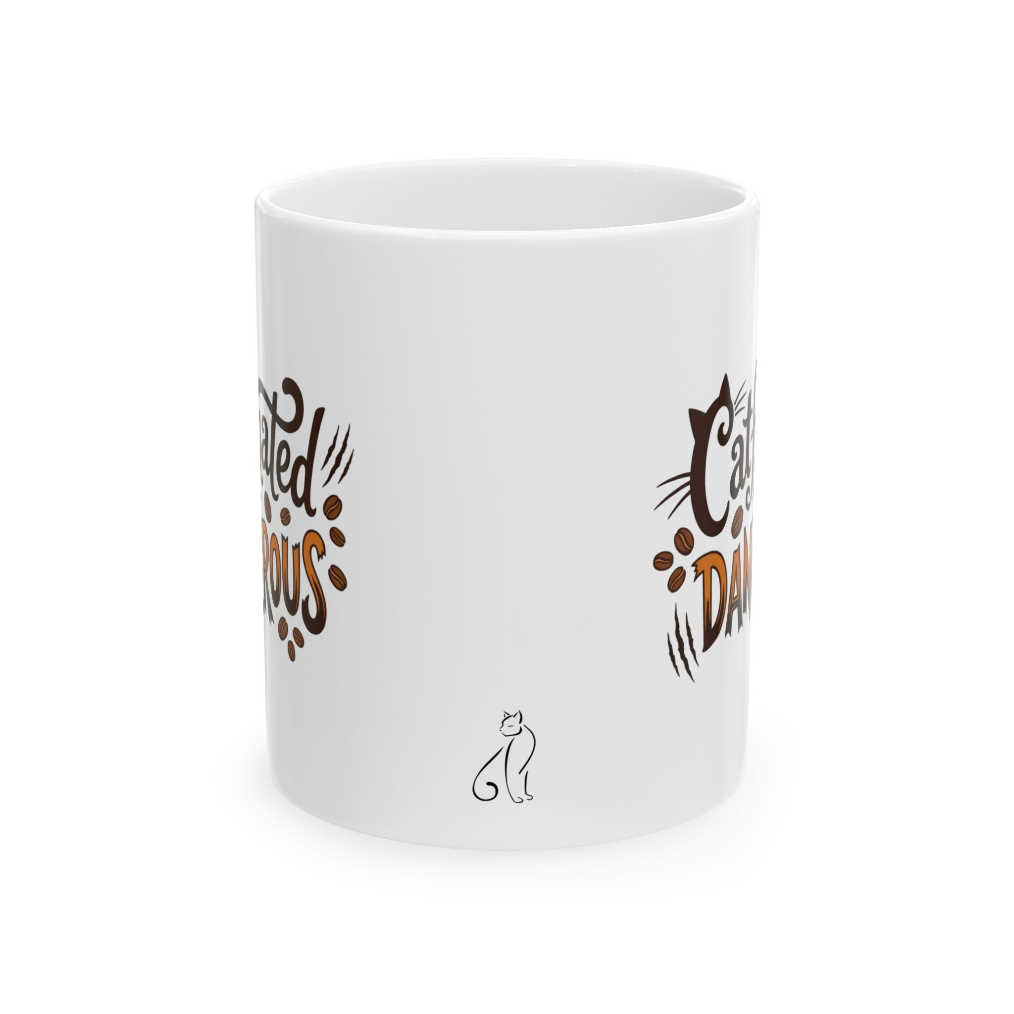 White ceramic mug featuring Catffinated & Dangerous text, coffee beans, and a small cat icon.
