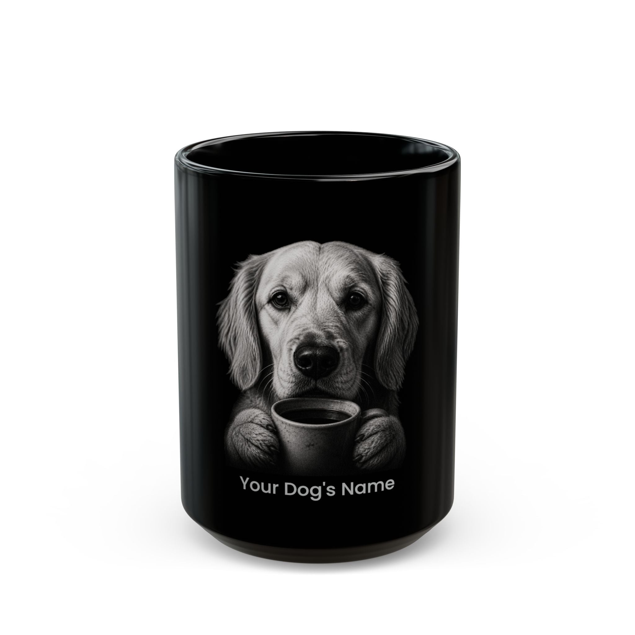 Personalized White Setter black ceramic coffee mug with custom dog name