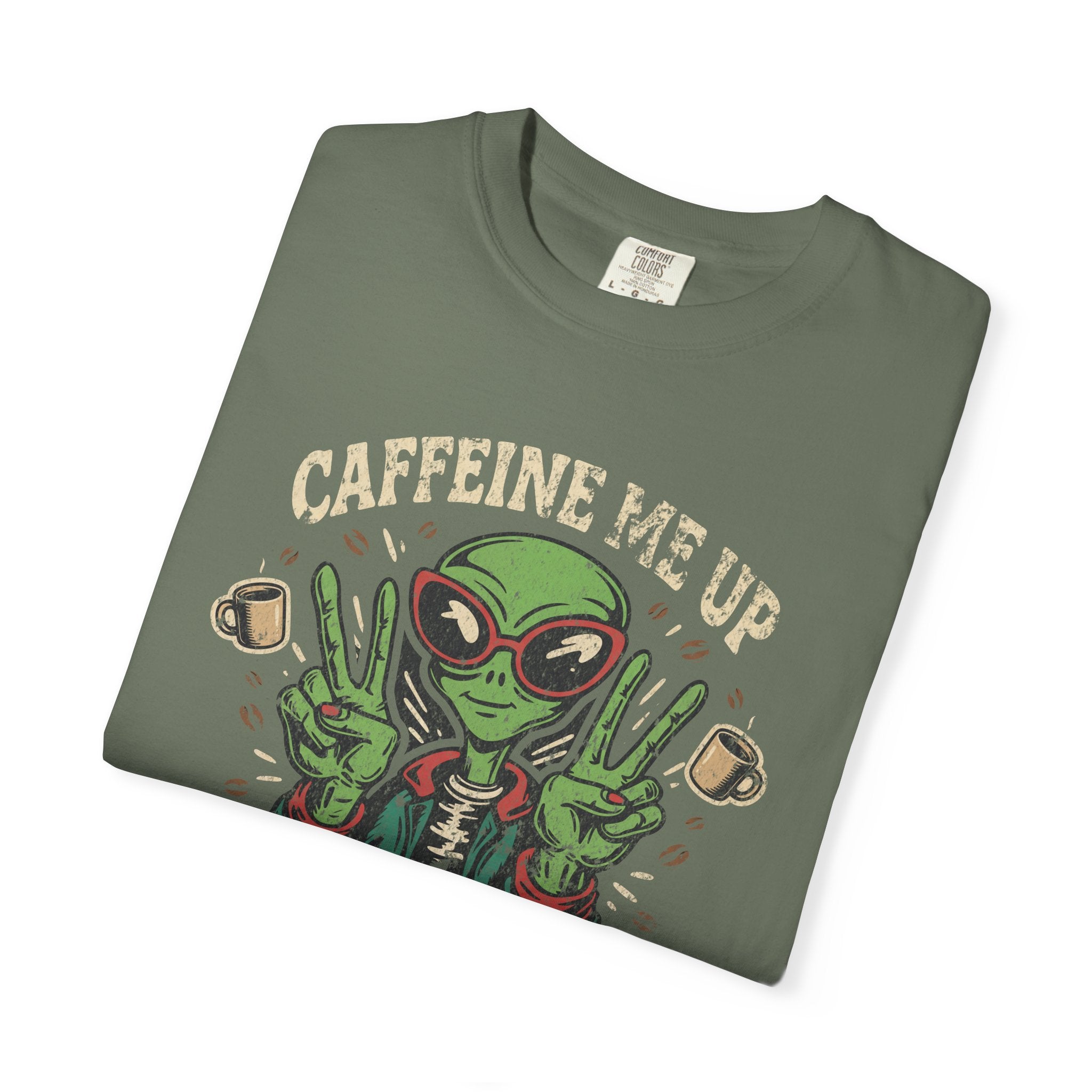 Olive green unisex t-shirt featuring a distressed graphic of an alien wearing sunglasses.