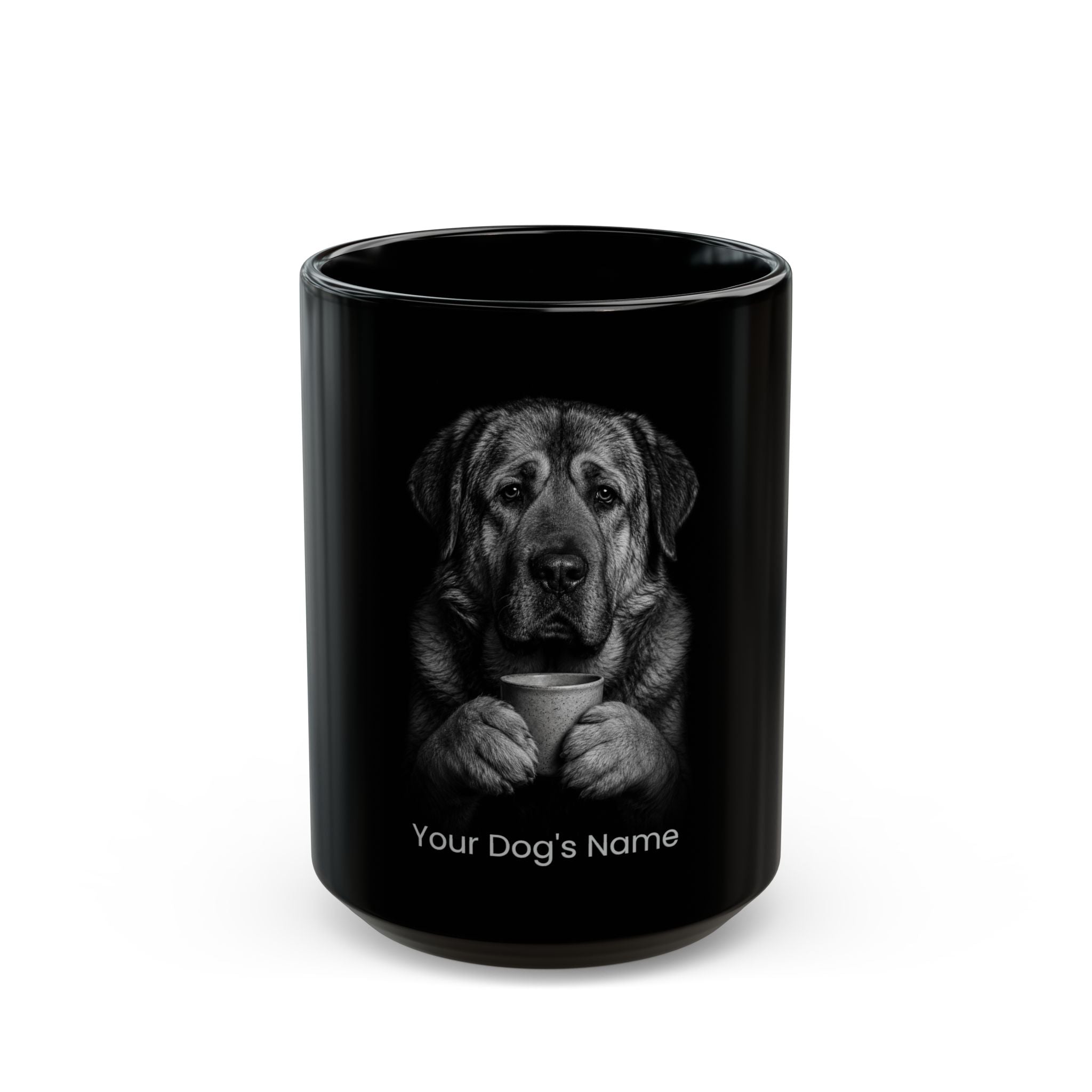 Personalized Spanish Mastiff black ceramic coffee mug with custom dog name