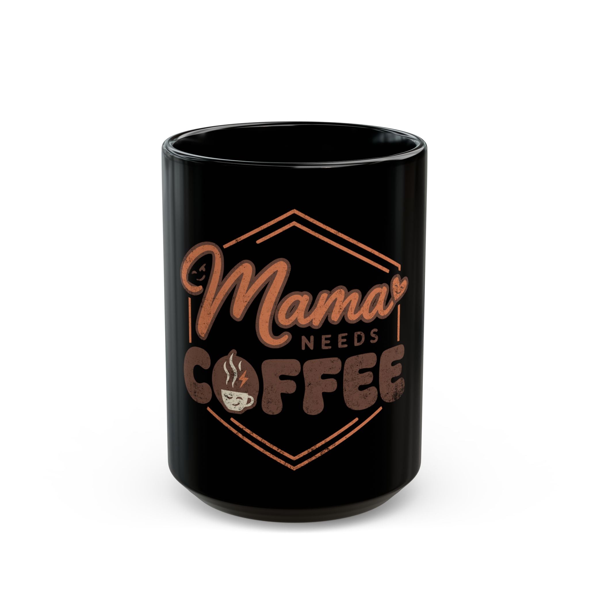 Black ceramic mug with Mama Needs Coffee text and a small coffee cup graphic.