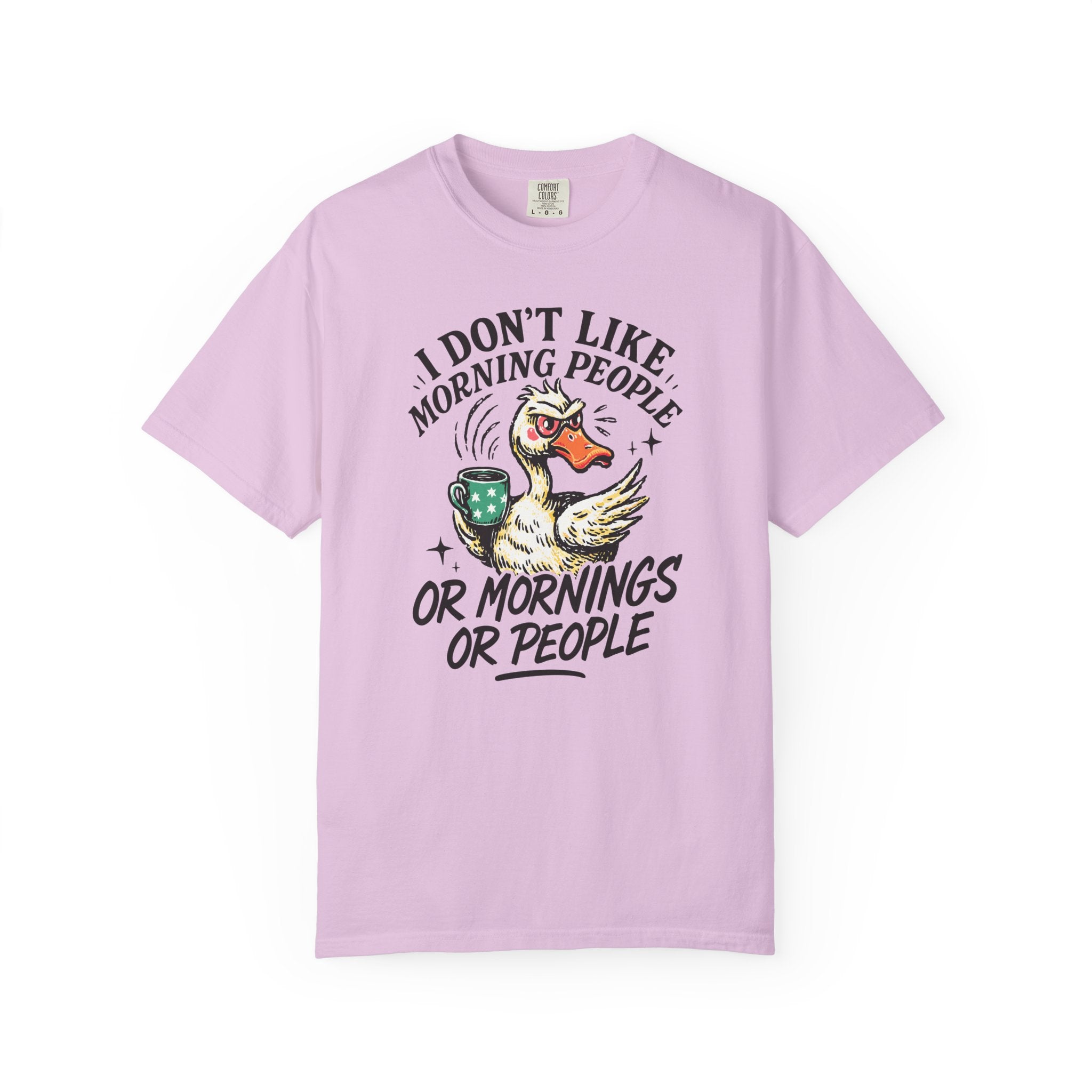 Light purple t-shirt with a graphic of an angry duck holding a coffee mug and text.