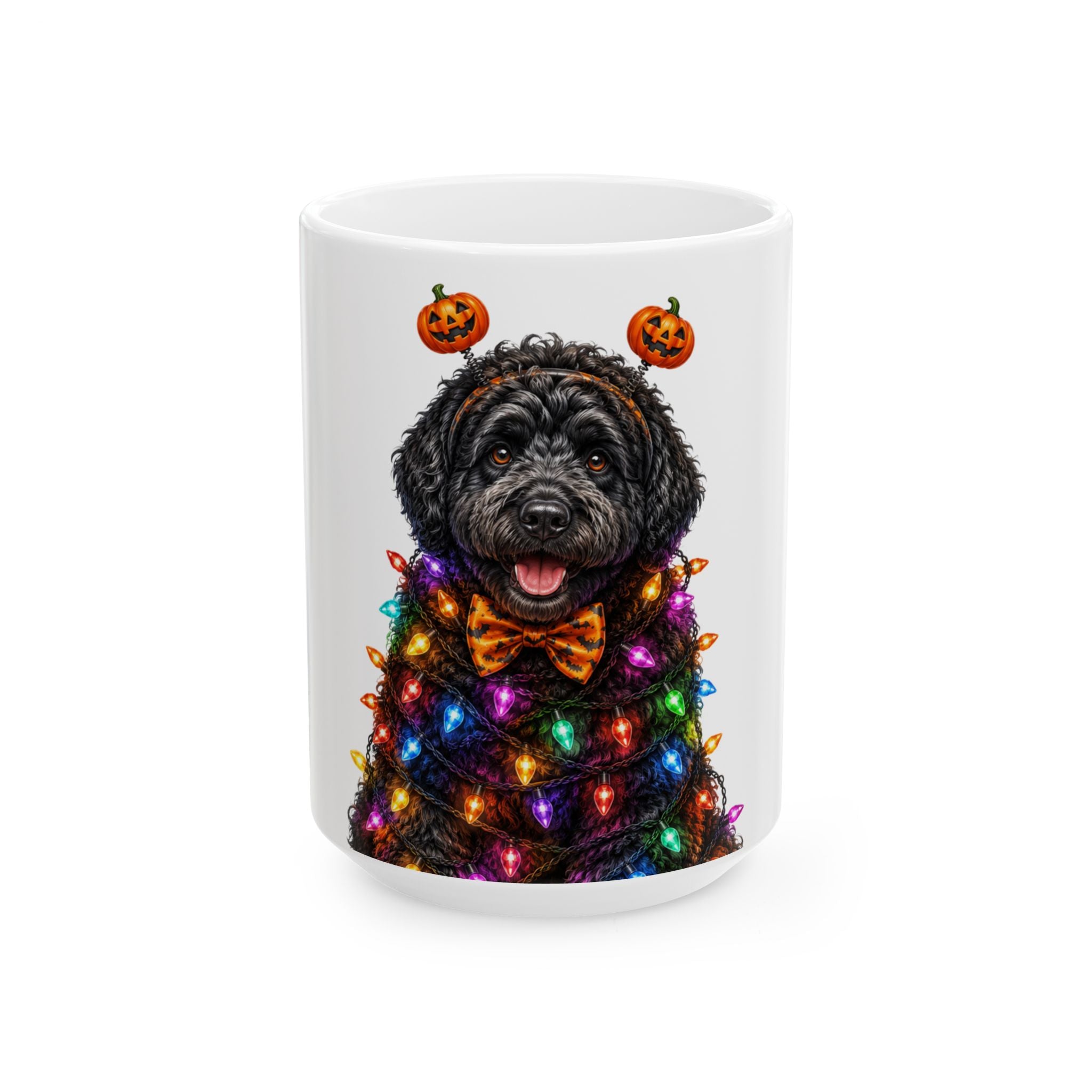 Personalized Black Poodle dog Halloween mug, 11oz white ceramic, with custom pet name on front