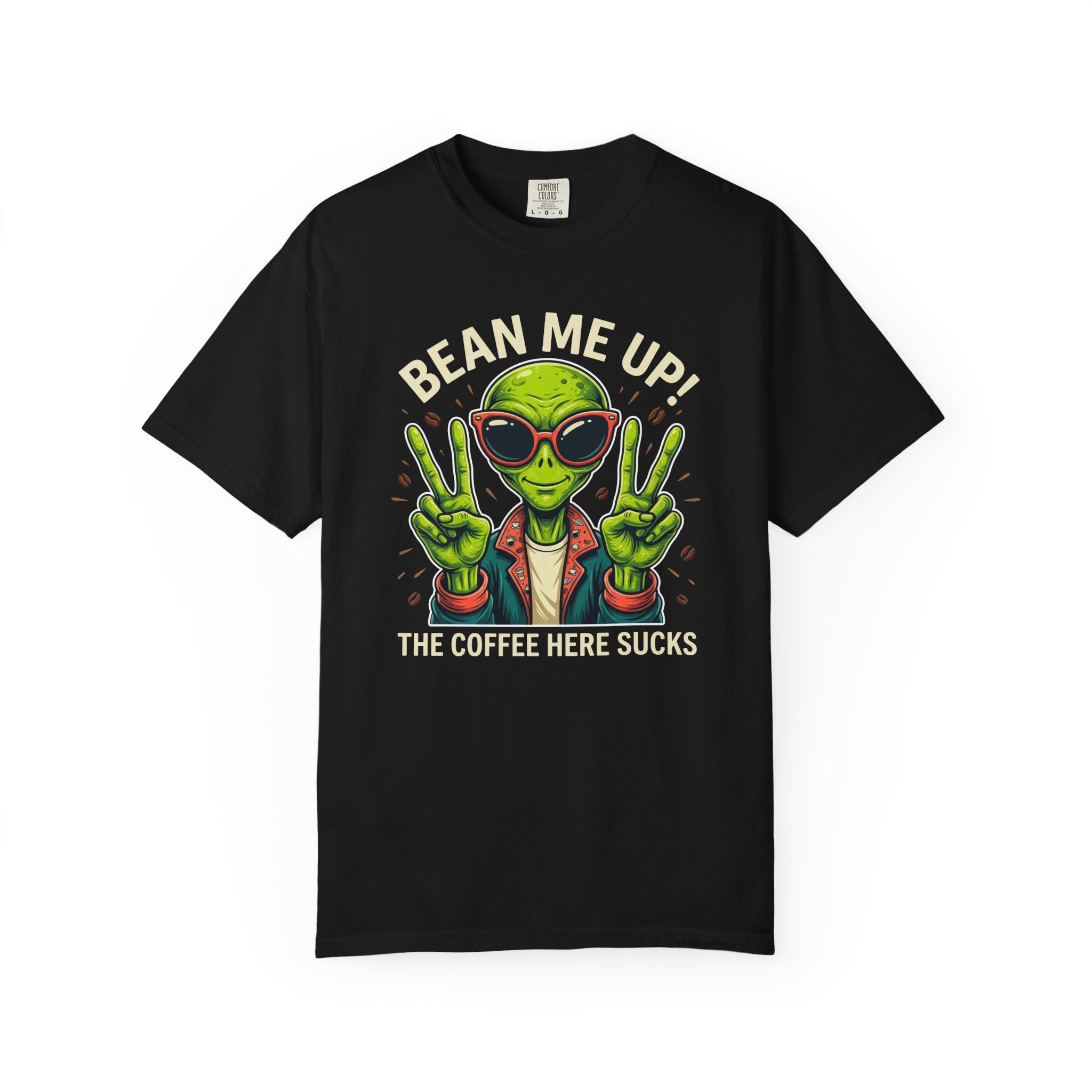 Black t-shirt with a graphic of a green alien wearing sunglasses and making peace signs.