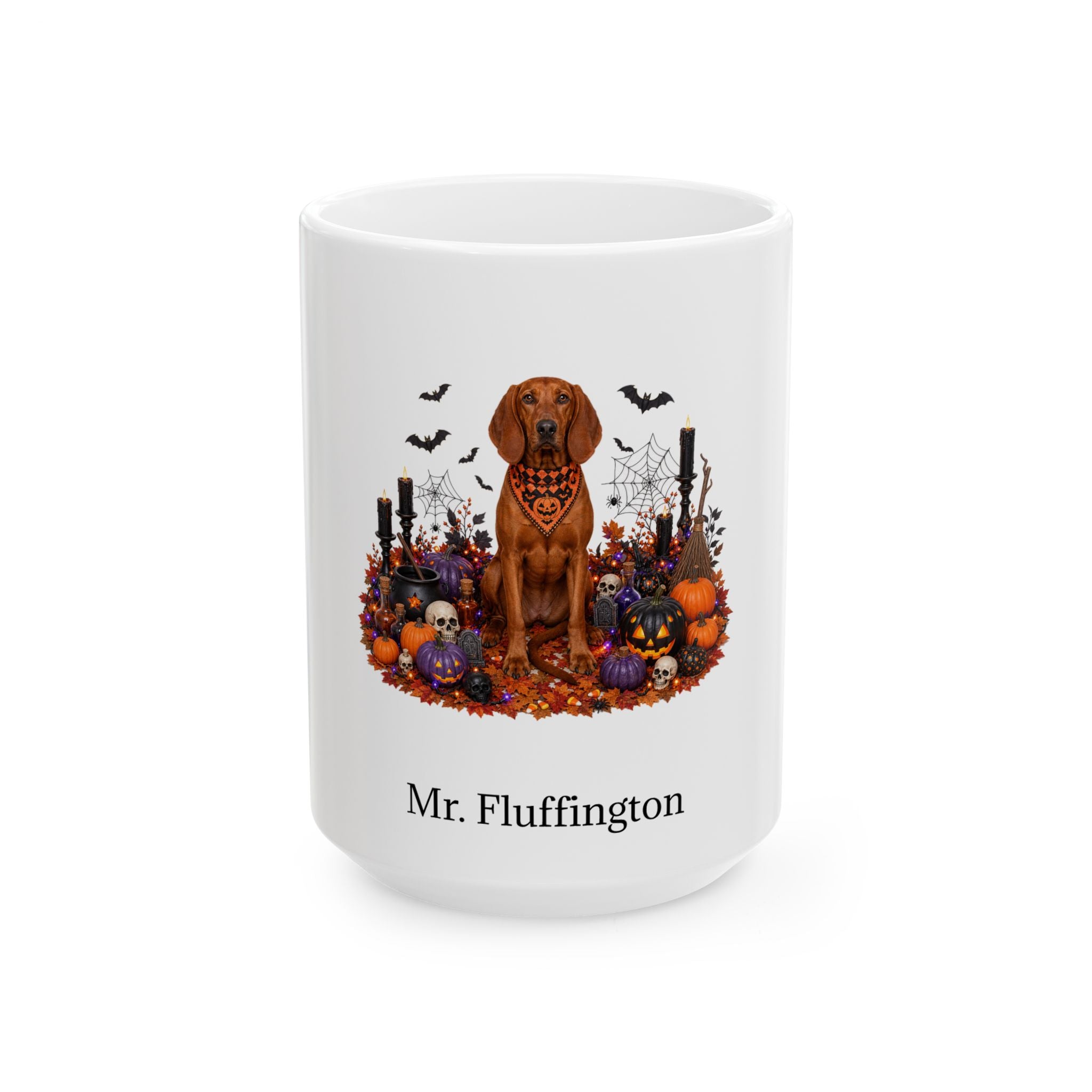 Personalized Redbone Coonhound dog Halloween mug, 15oz white ceramic, with custom pet name on front