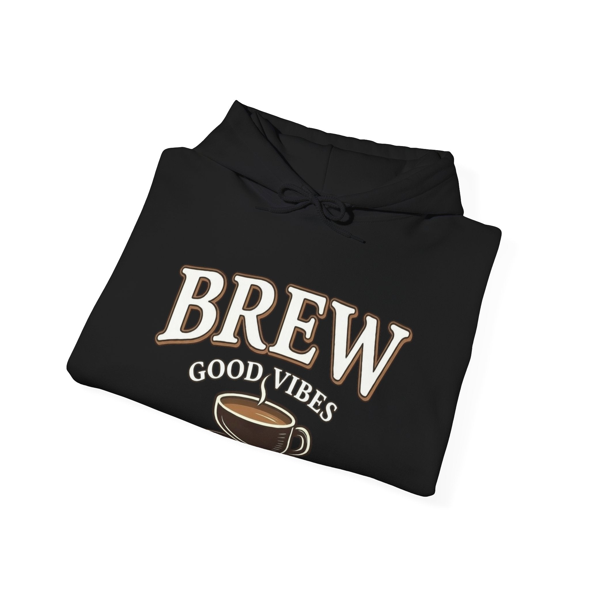 Black hoodie with "Brew Good Vibes" text and coffee cup graphic.