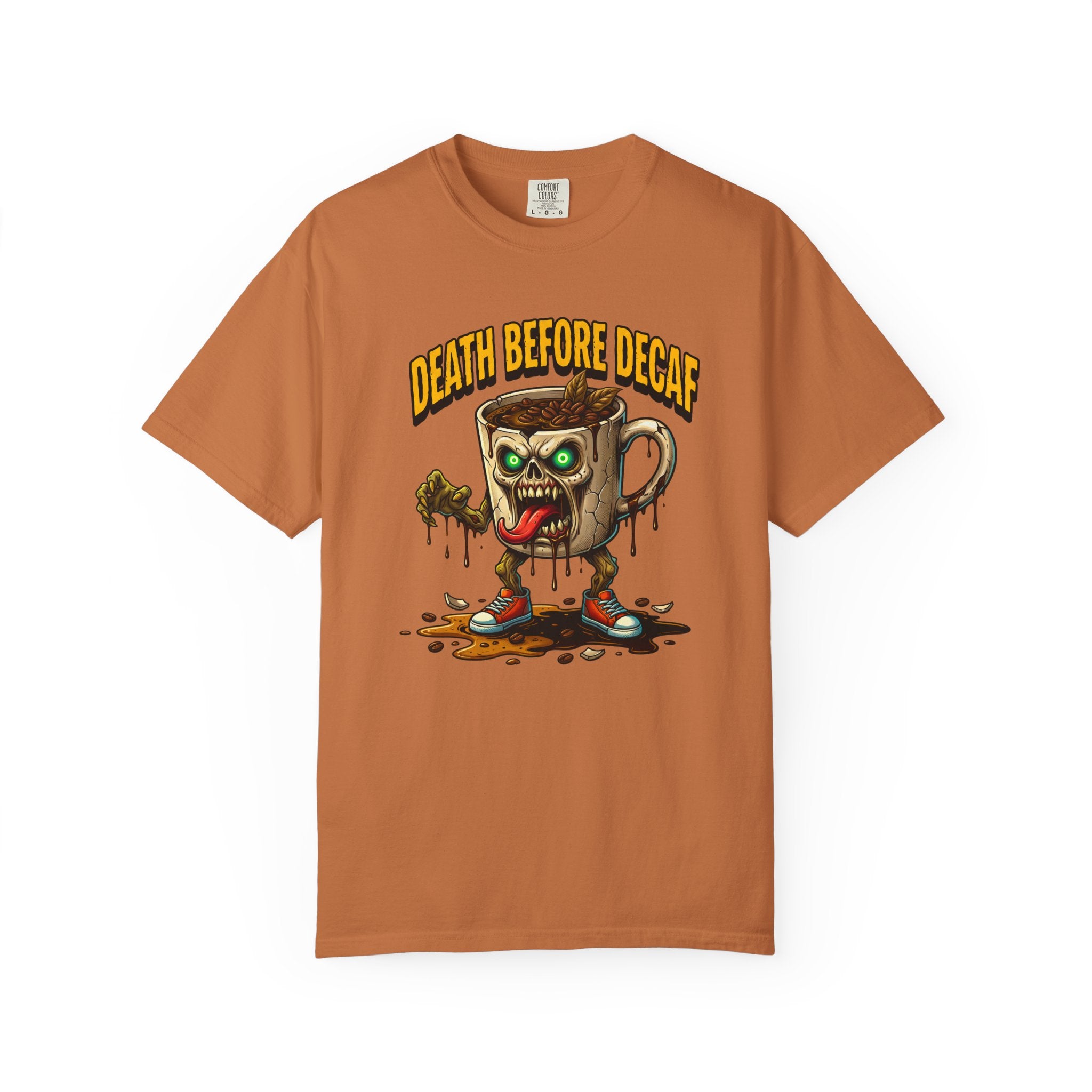 Orange t-shirt featuring a zombie coffee mug graphic with the text Death Before Decaf.