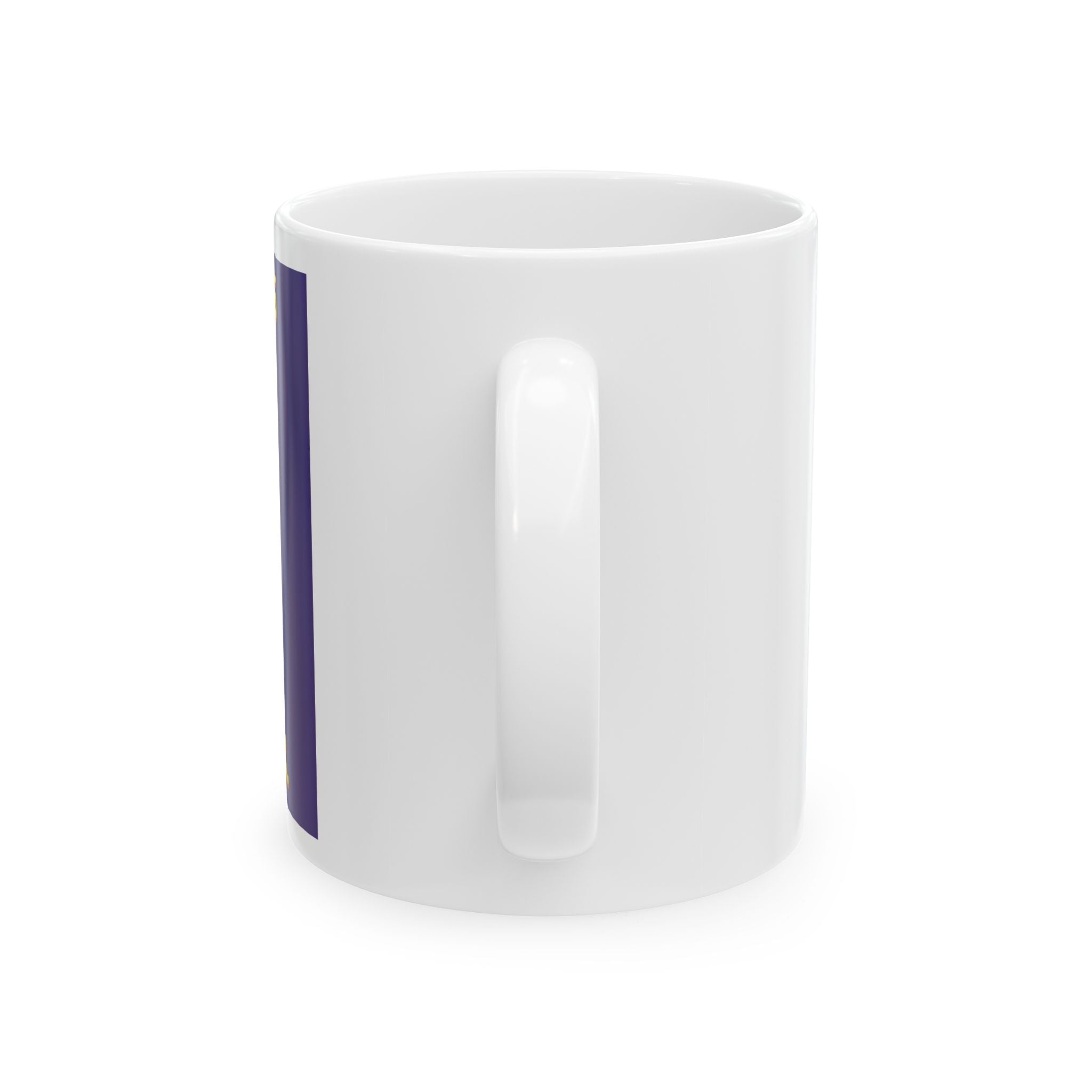 A white ceramic coffee mug with a C-shaped handle and a partial view of a purple graphic design.