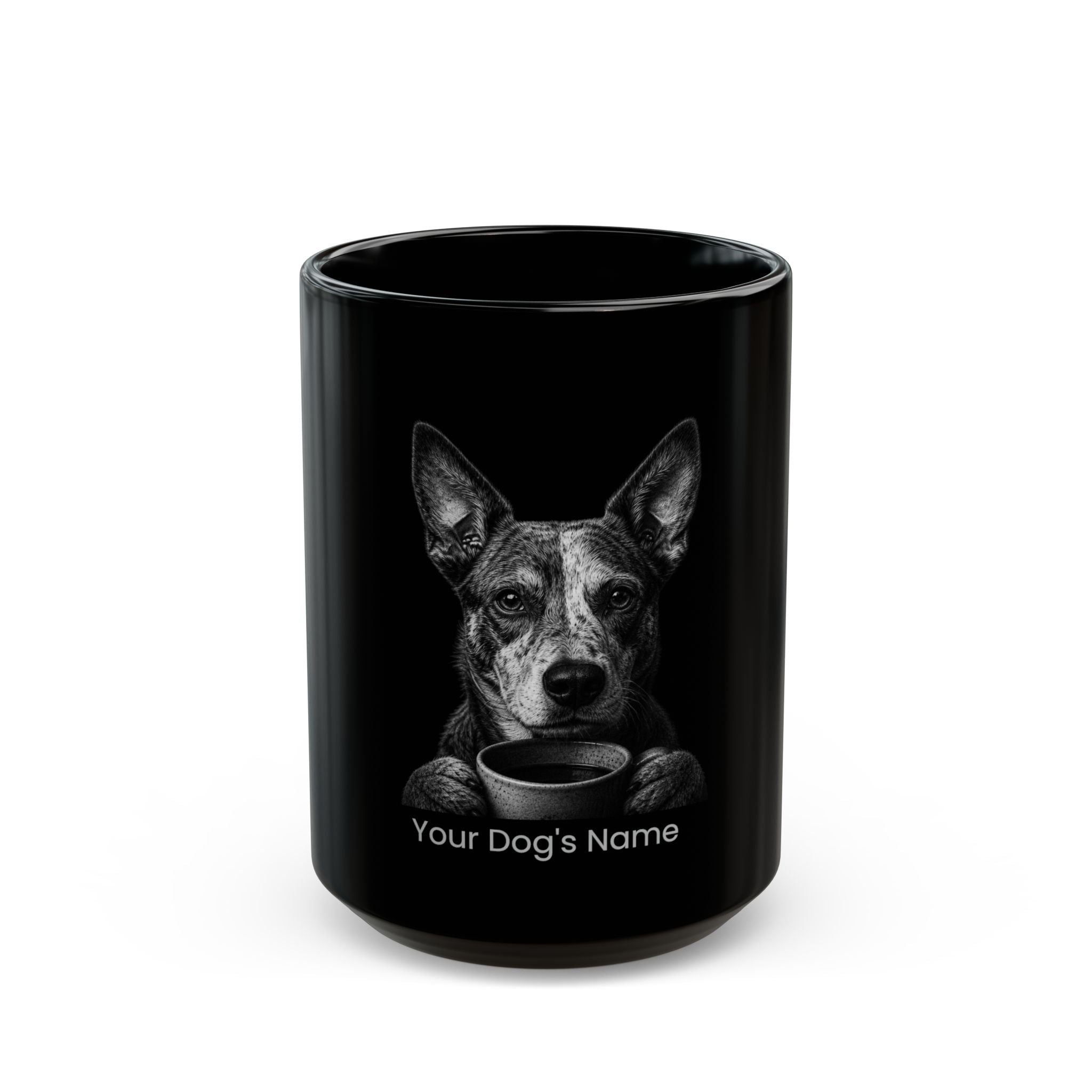 Personalized Lancashire Heeler black ceramic coffee mug with custom dog name