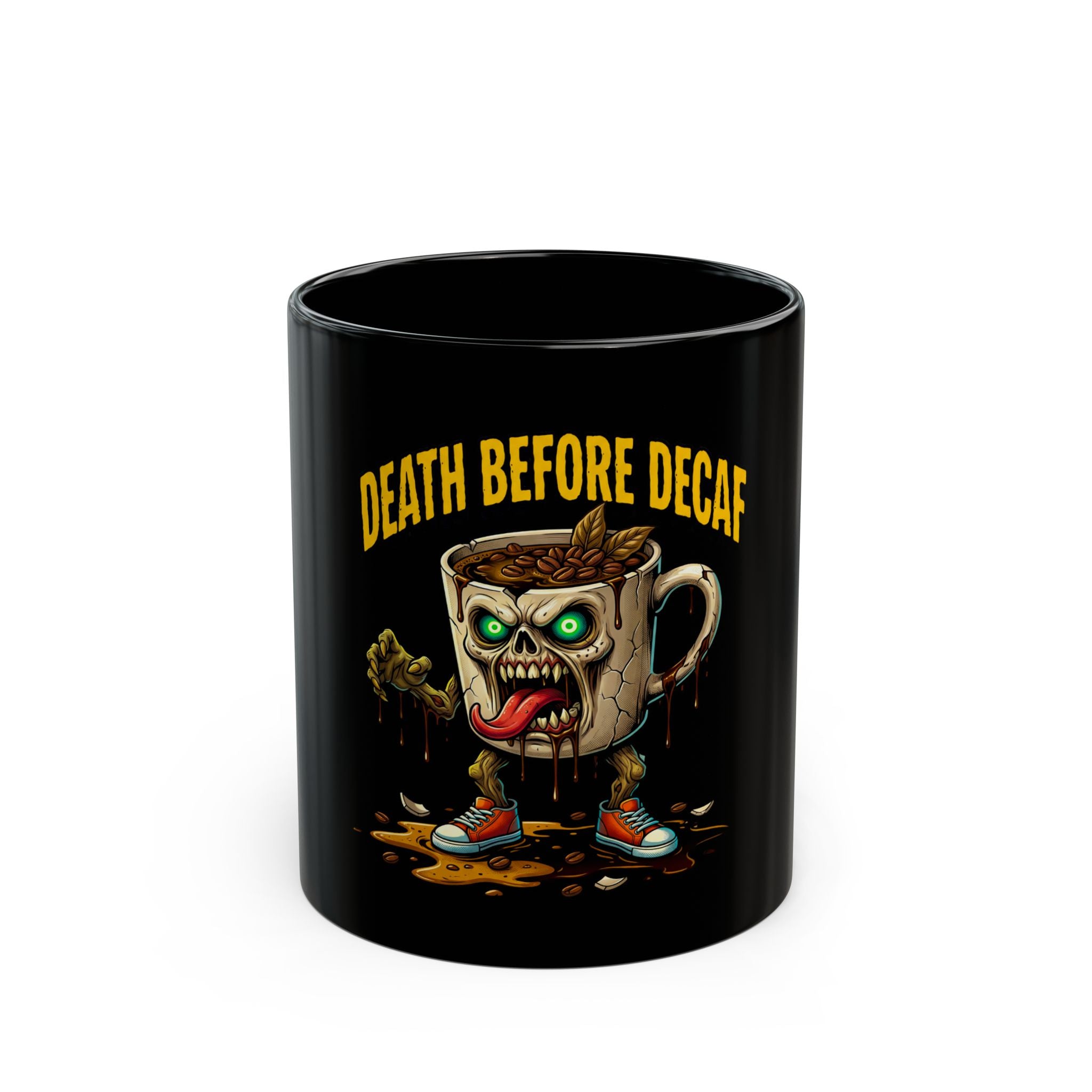Black ceramic coffee mug featuring a zombie coffee cup character and the text Death Before Decaf.