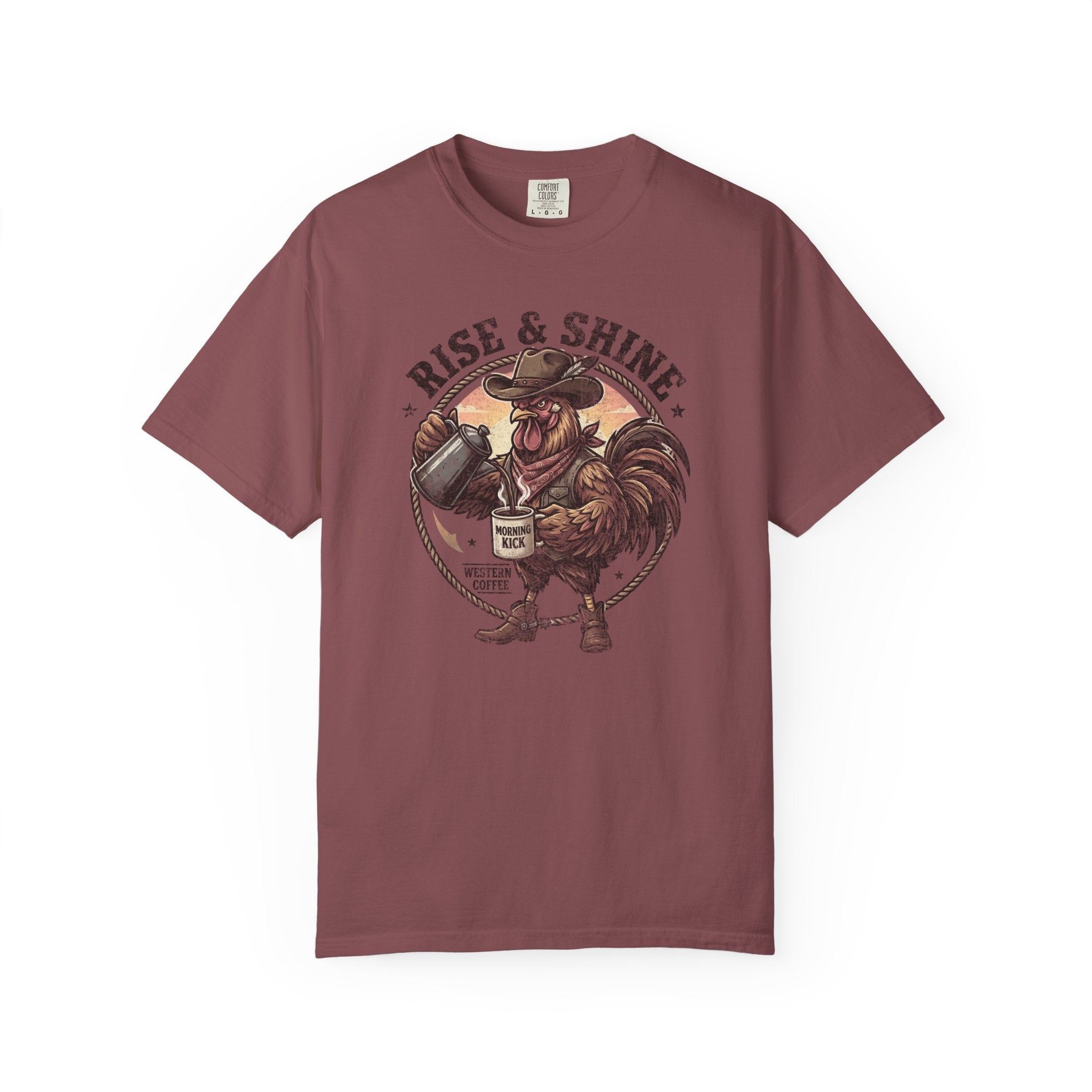 A maroon t-shirt featuring a graphic of a cowboy rooster pouring coffee into a mug.