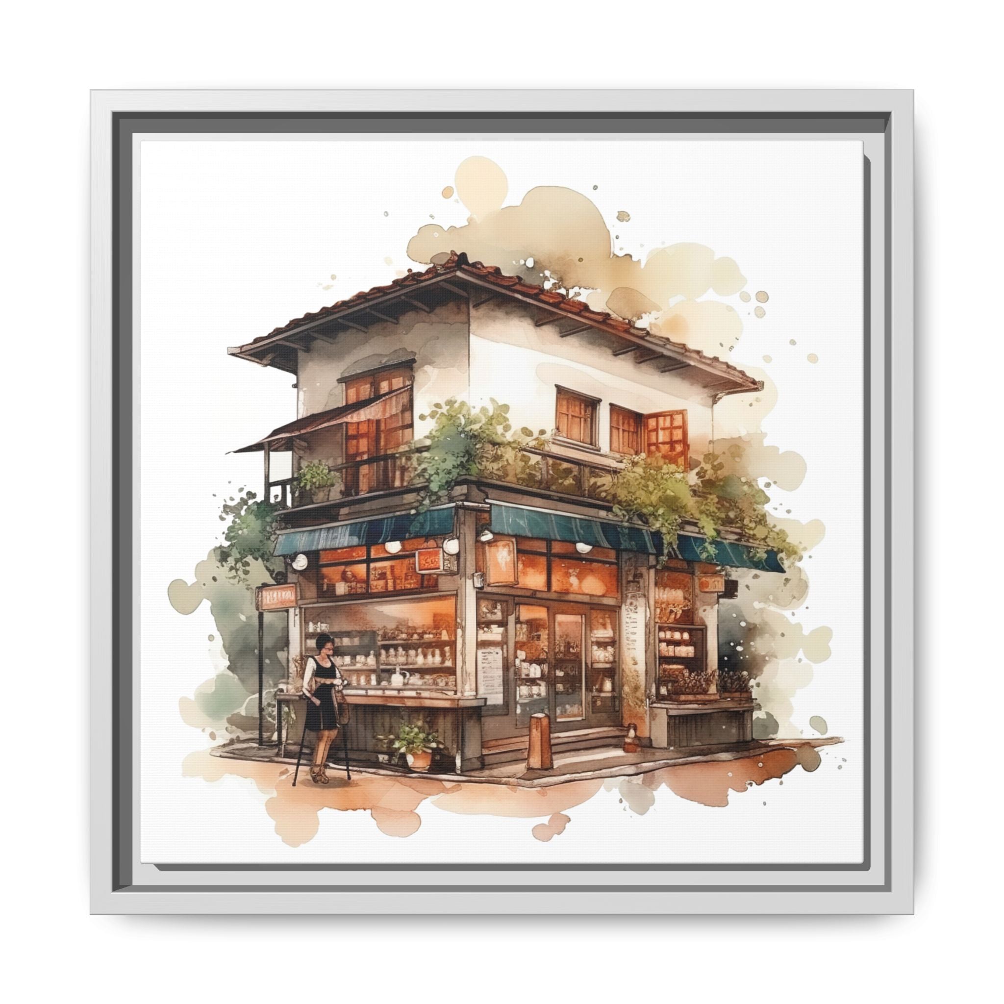 Cozy Corner Cafe Watercolor Art | 14x14 Framed Matte Canvas Wall Decor