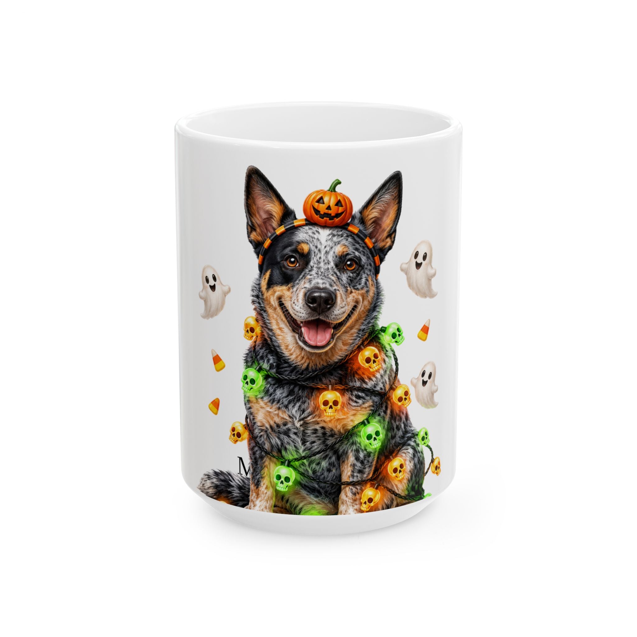 Personalized Australian Cattle Dog Halloween mug, 11oz white ceramic, with custom pet name on front