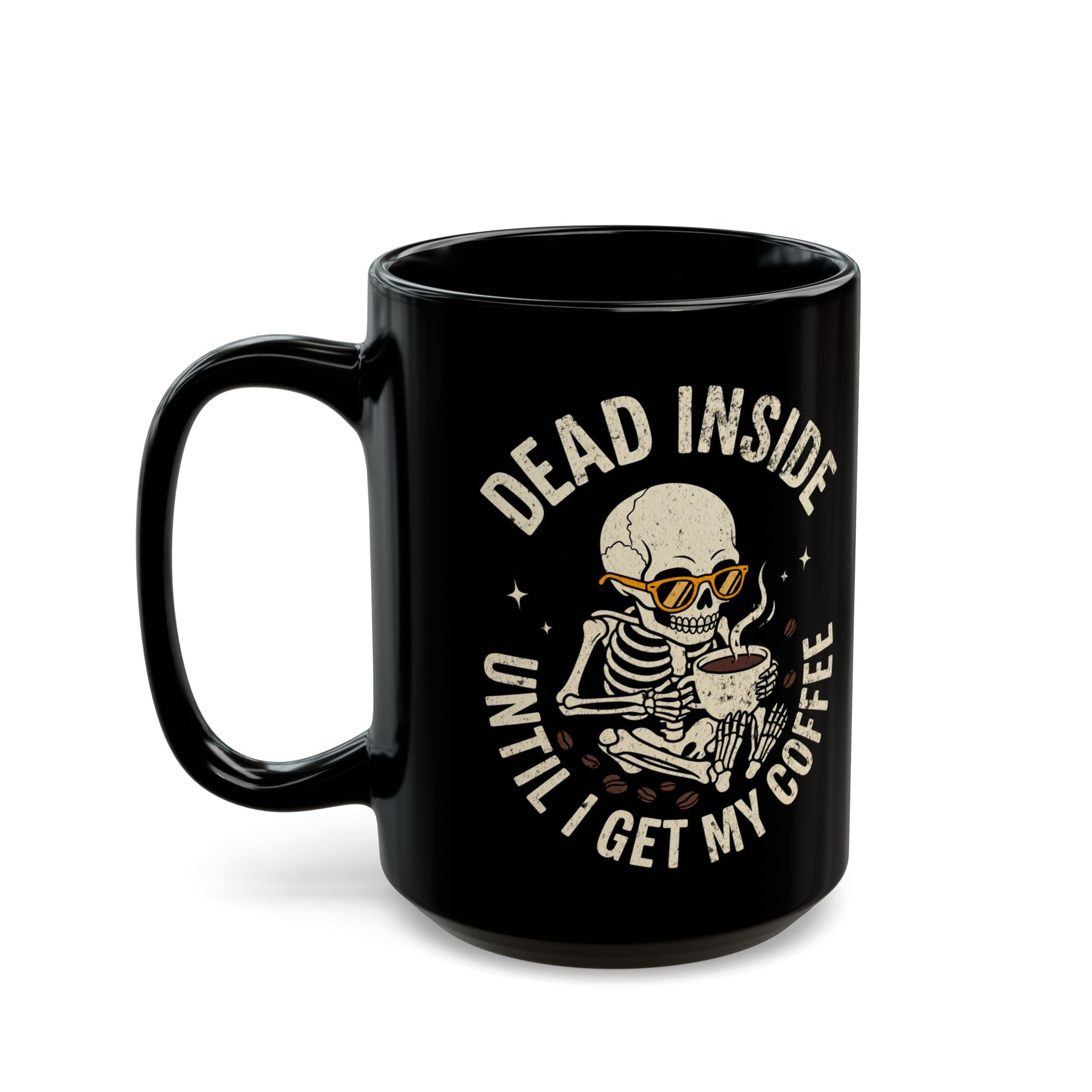 Black ceramic mug featuring a skeleton wearing sunglasses and holding a steaming cup of coffee.