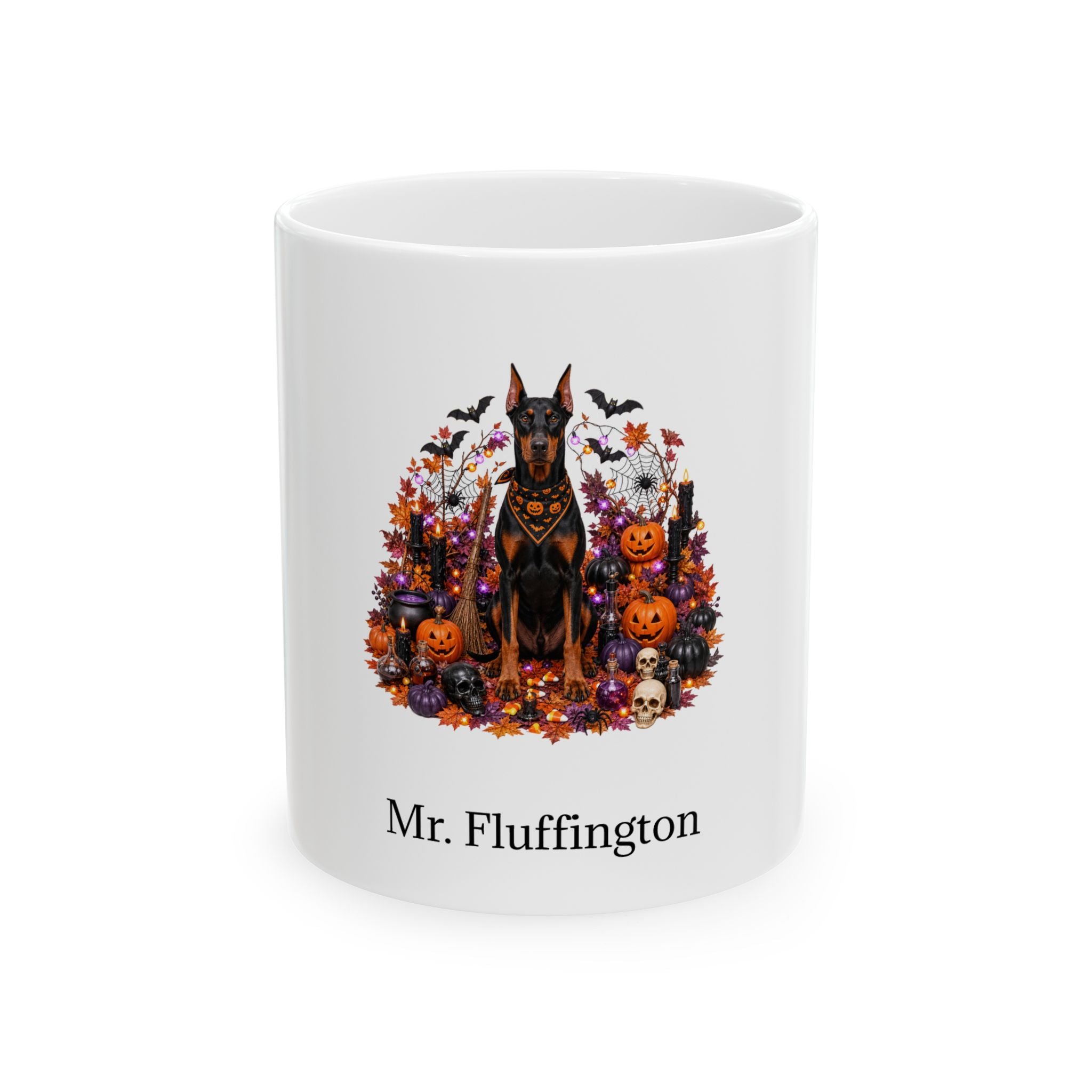 Personalized Doberman Pinscher dog Halloween mug, 15oz white ceramic, with custom pet name on front