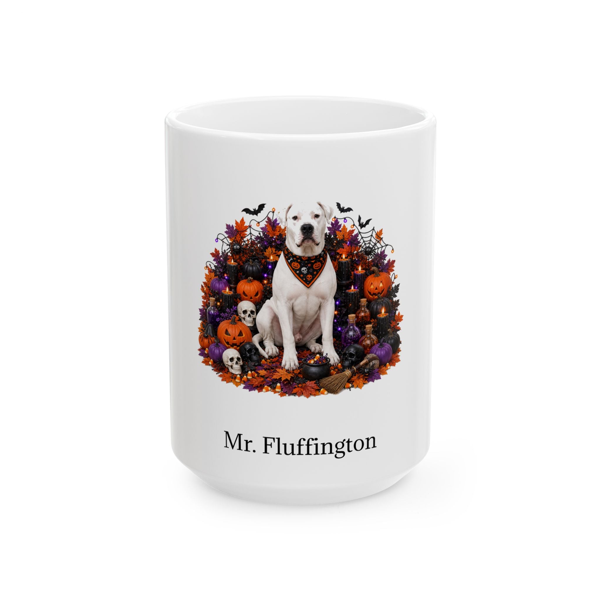 Personalized Dogo Argentino dog Halloween mug, 11oz white ceramic, with custom pet name on front