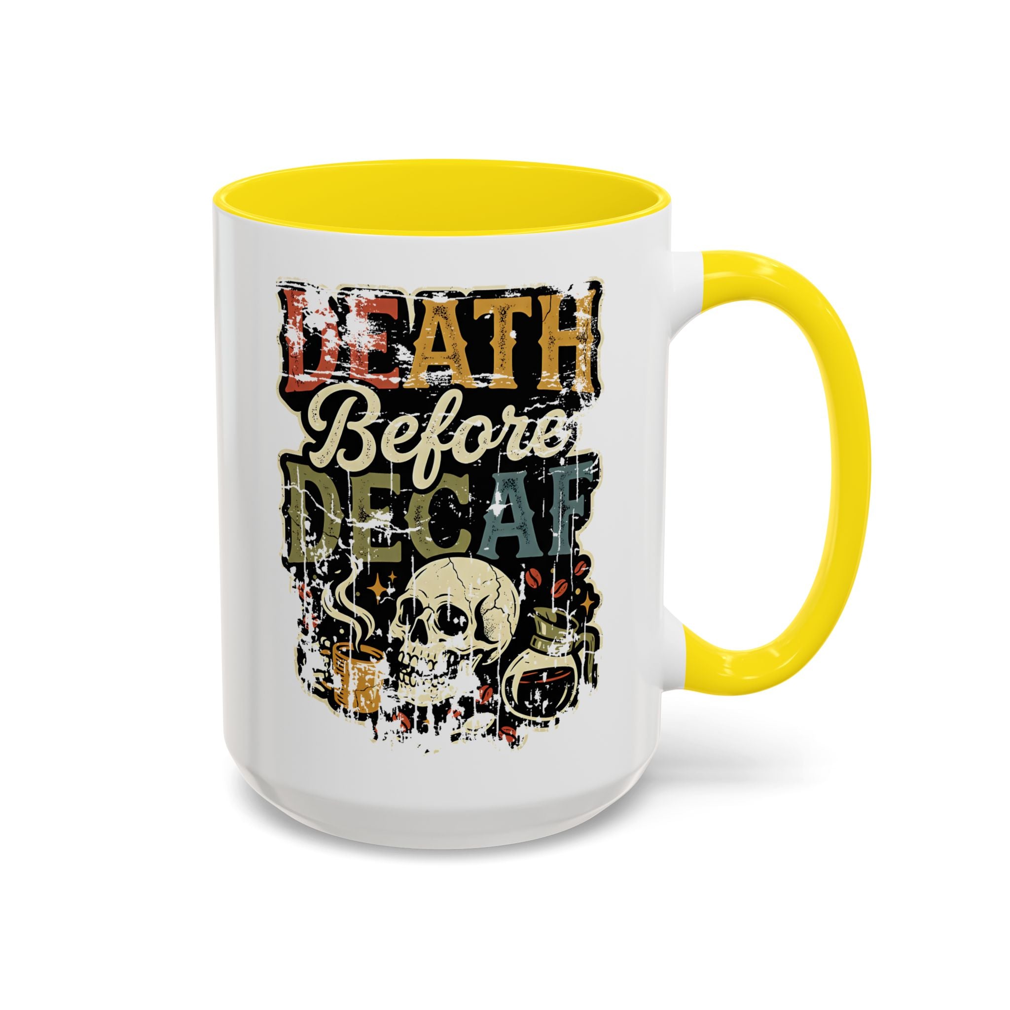 White ceramic coffee mug with a yellow handle and a retro skull graphic reading Death Before Decaf.