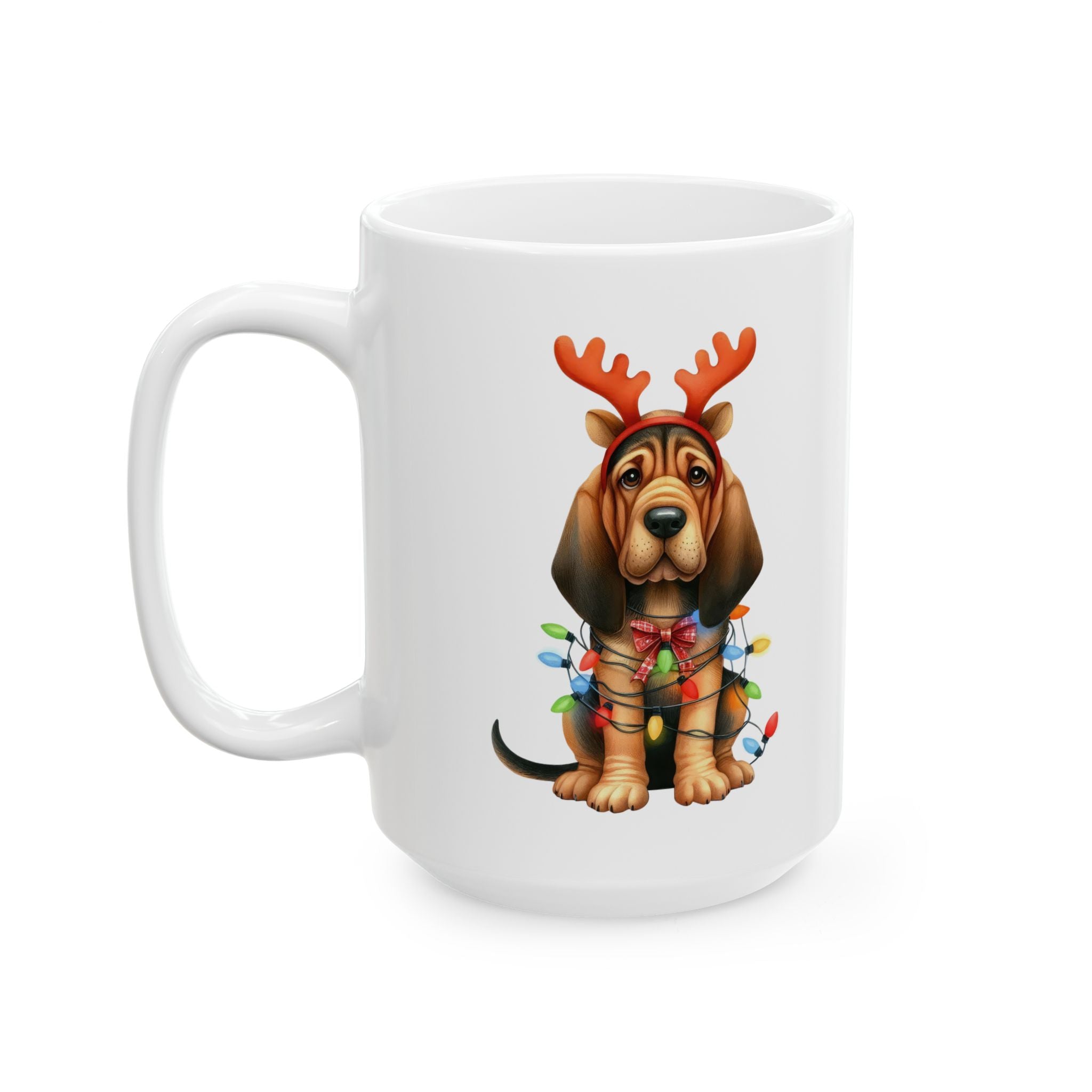 White ceramic mug with a bloodhound wearing reindeer antlers and Christmas lights.