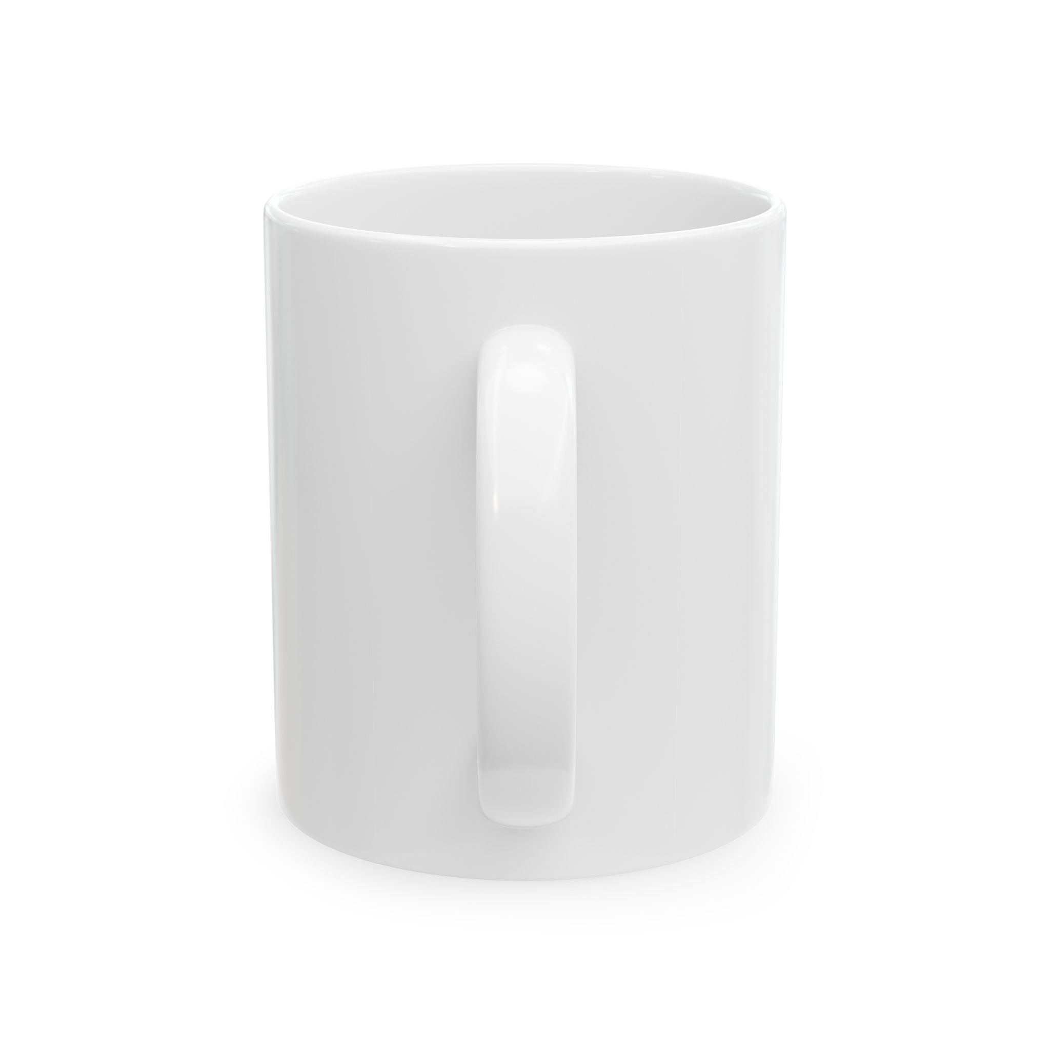 A plain white ceramic coffee mug viewed from the side, showing the handle.