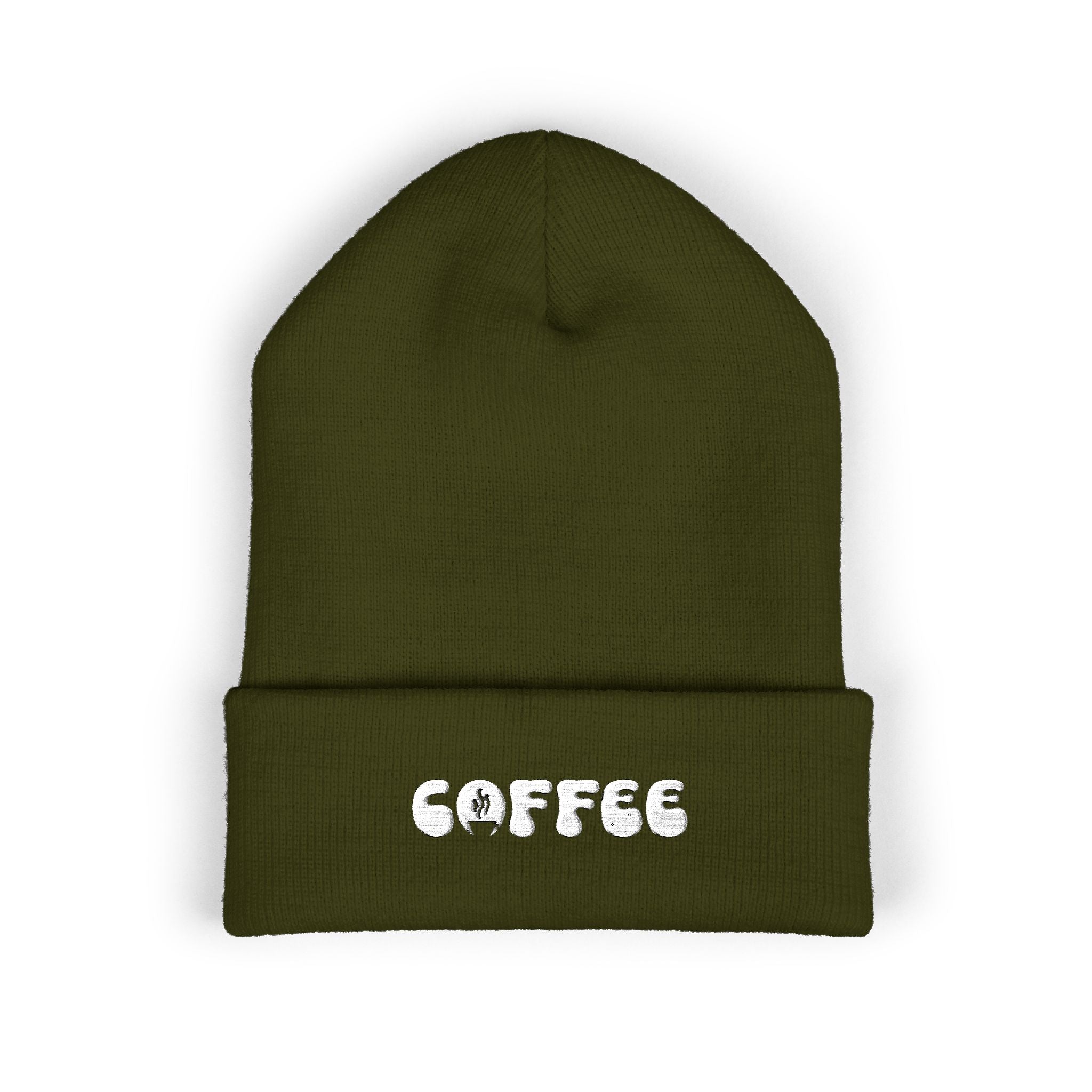 Olive green cuffed beanie with embroidered "COFFEE" text.