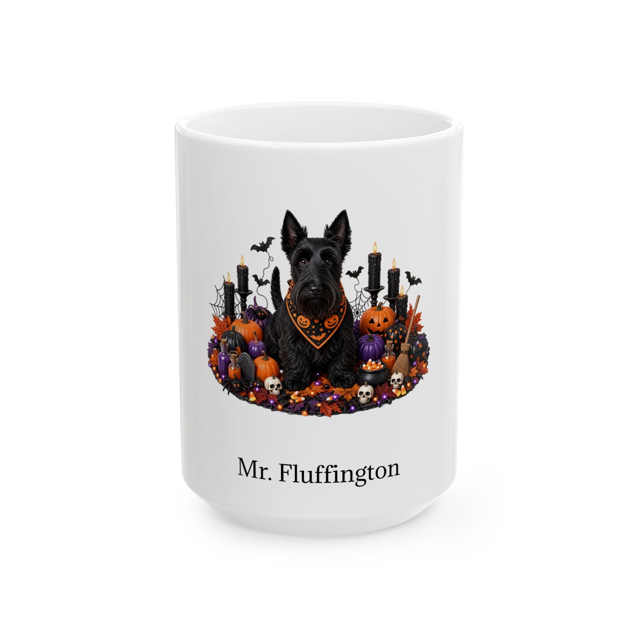 Personalized Scottish Terrier dog Halloween mug, 15oz white ceramic, with custom pet name on front