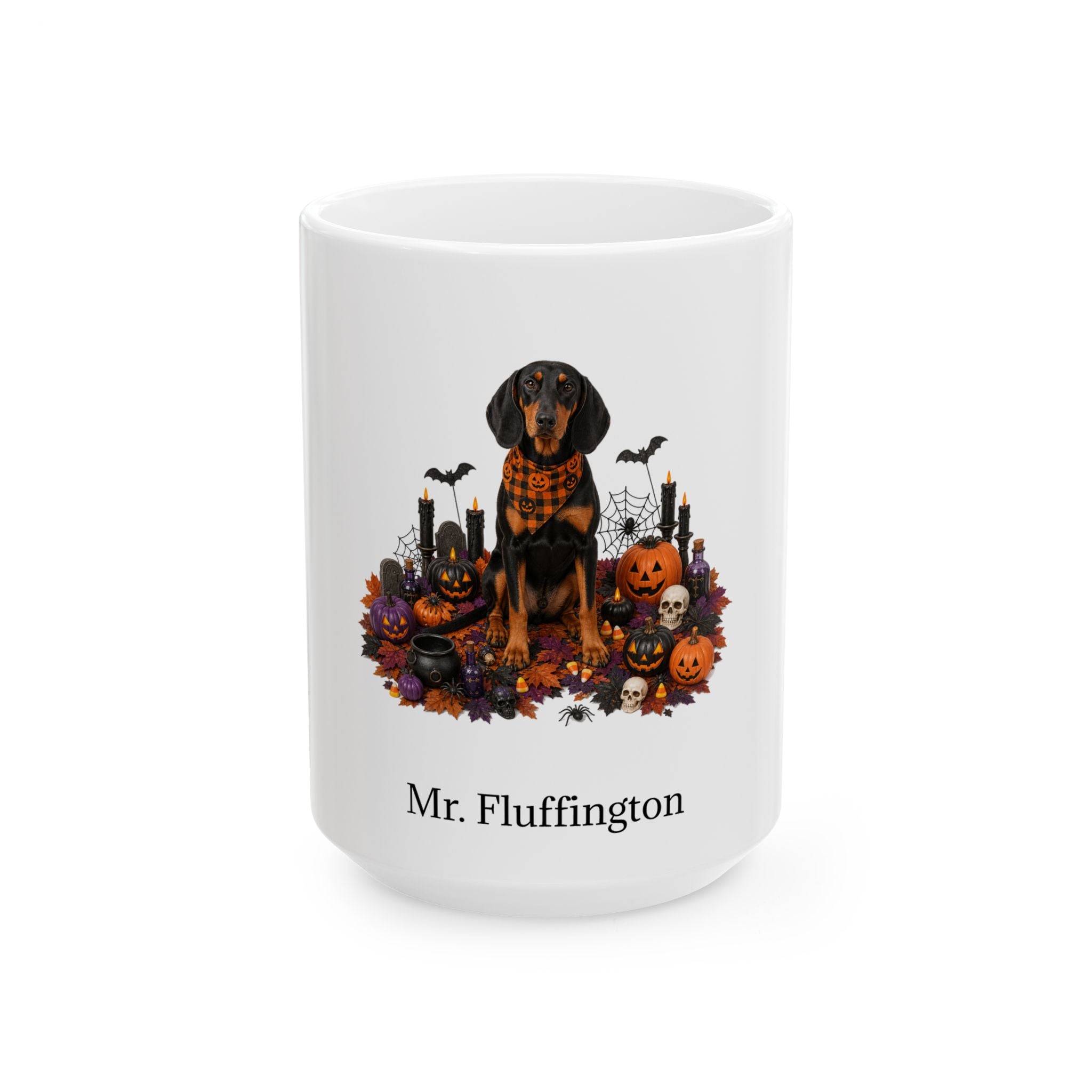 Personalized Austrian Black and Tan Hound dog Halloween mug, 11oz white ceramic, with custom pet name on front