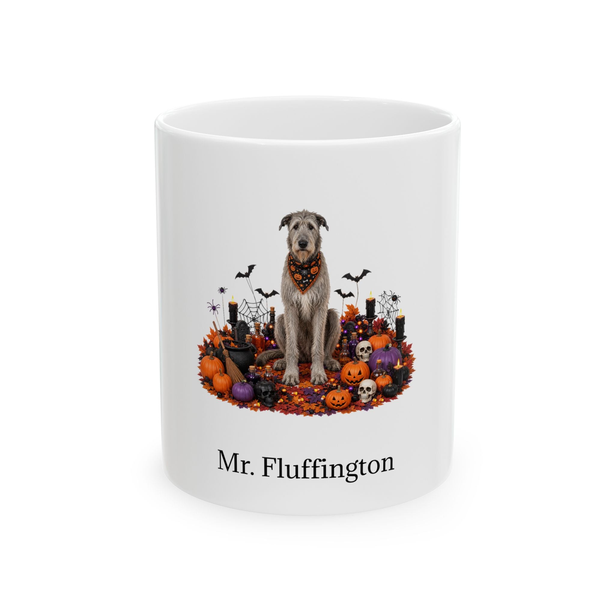 Personalized Irish Wolfhound dog Halloween mug, 11oz white ceramic, with custom pet name on front