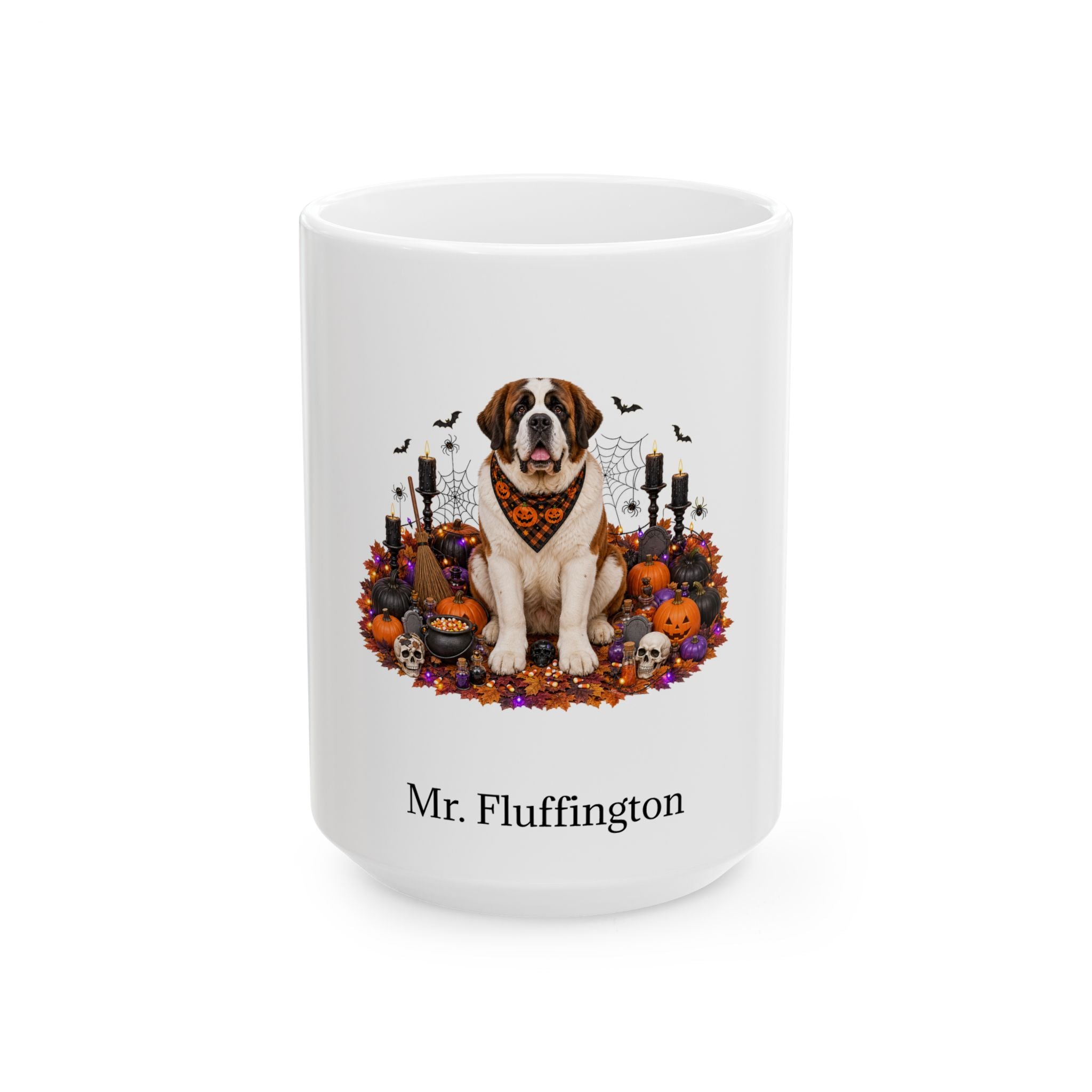 Personalized St. Bernard dog Halloween mug, 15oz white ceramic, with custom pet name on front