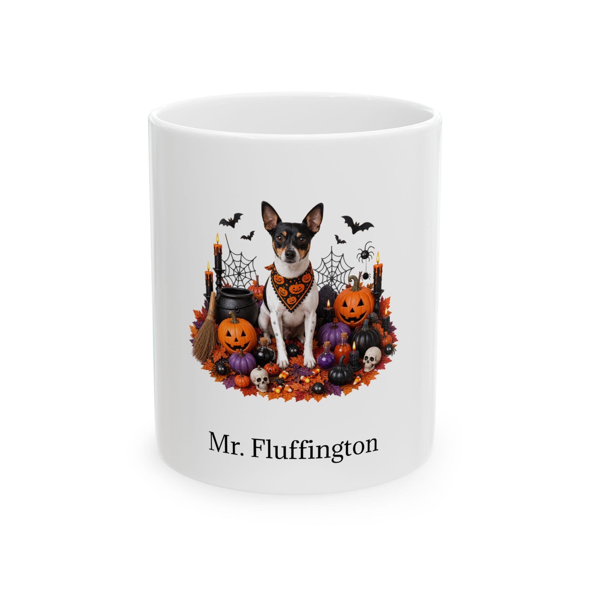 Personalized Rat Terrier dog Halloween mug, 11oz white ceramic, with custom pet name on front