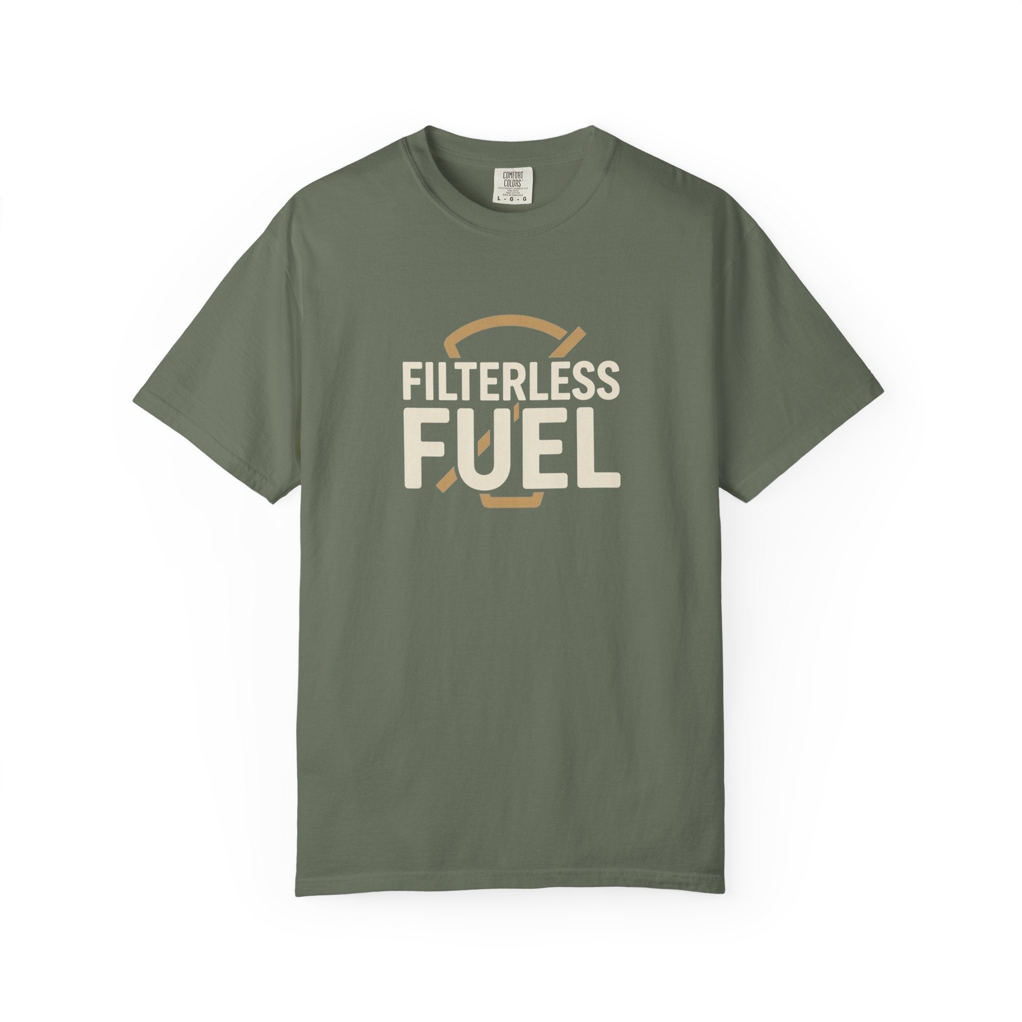 An olive green unisex t-shirt featuring the text Filterless Fuel in a retro font.