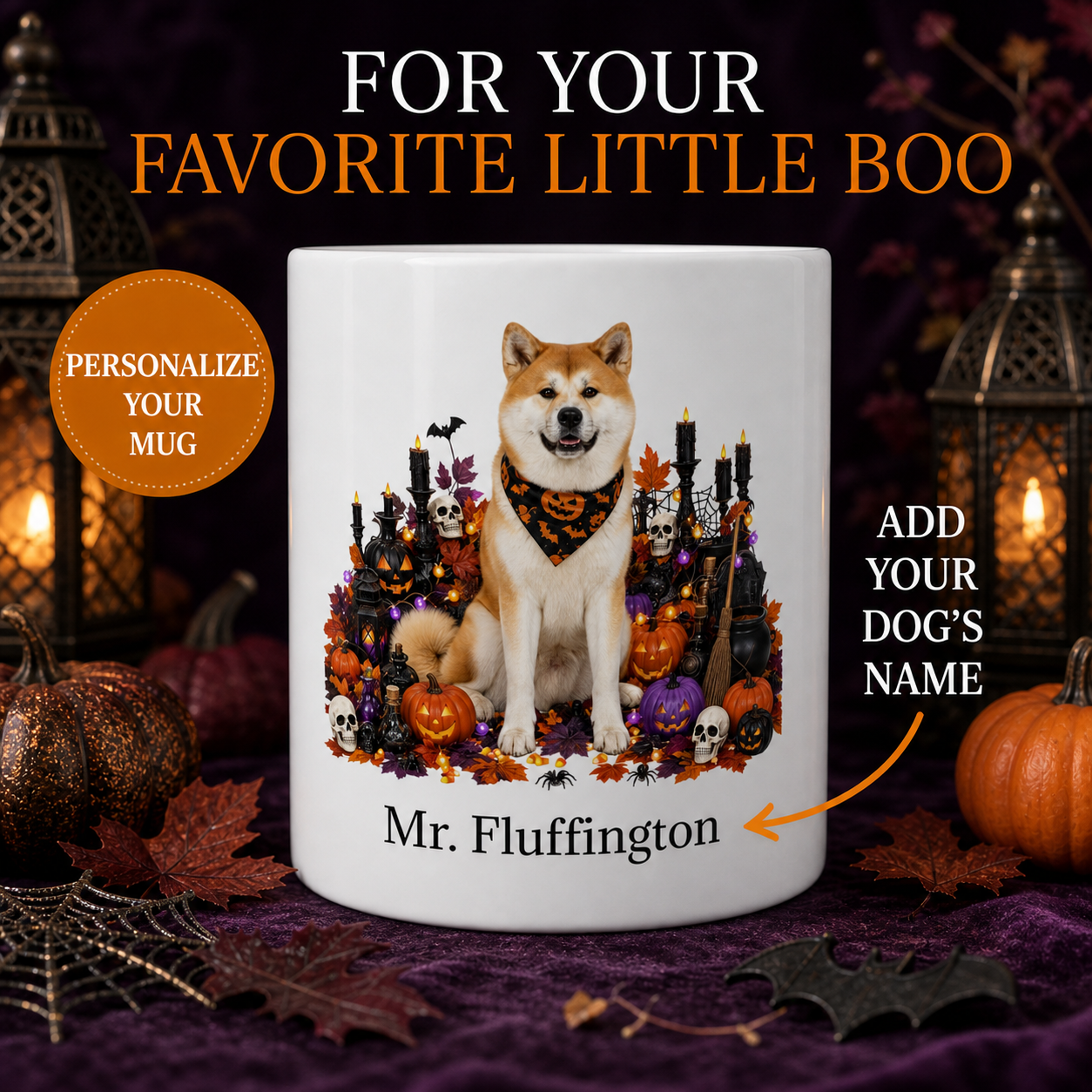 White Akita dog Halloween mug with custom pet name and spooky fall artwork — image 1