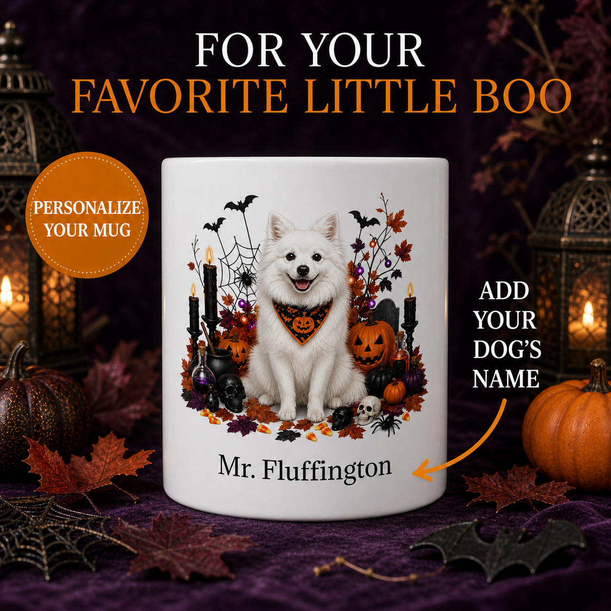 White American Eskimo dog Halloween mug with custom pet name and spooky fall artwork — image 1
