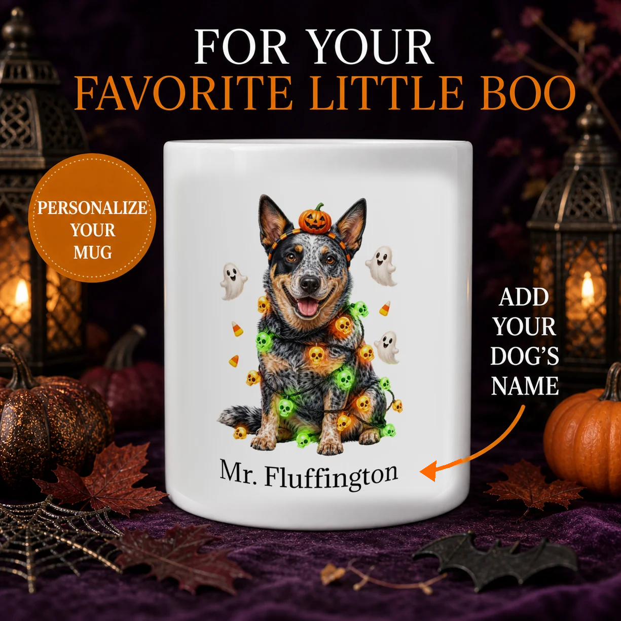 Personalized Australian Cattle Dog Halloween mug with custom name and festive ghost artwork