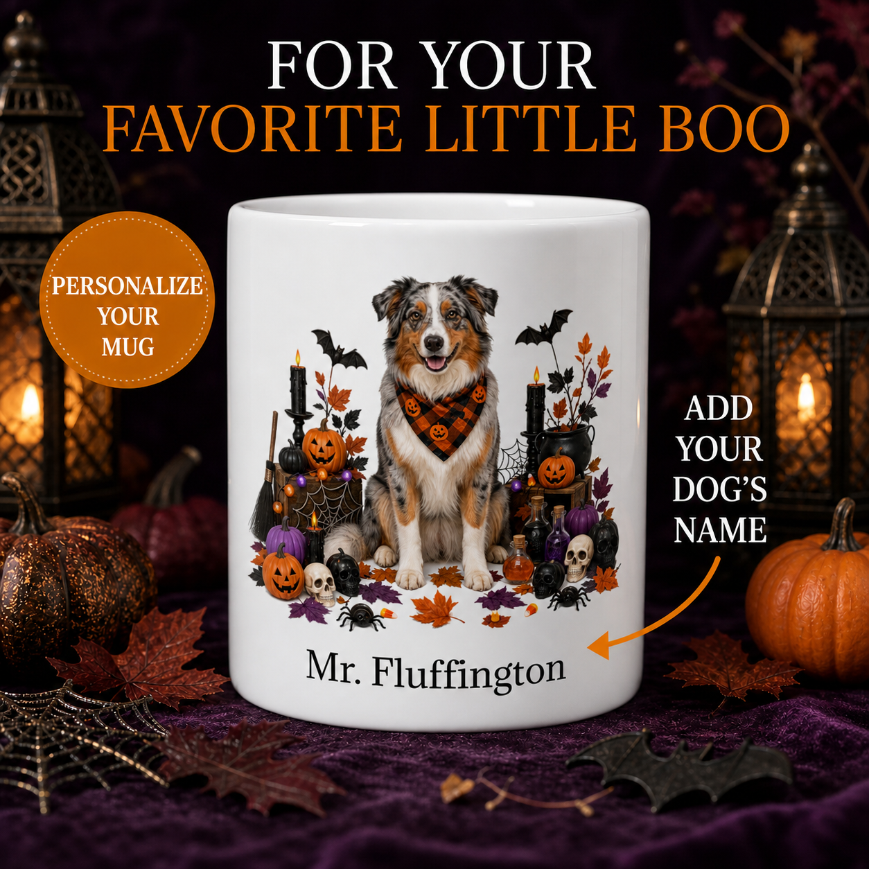 Personalized Australian Shepherd Halloween Mug – Custom Dog Name Gift promotional hero showing personalized dog mug