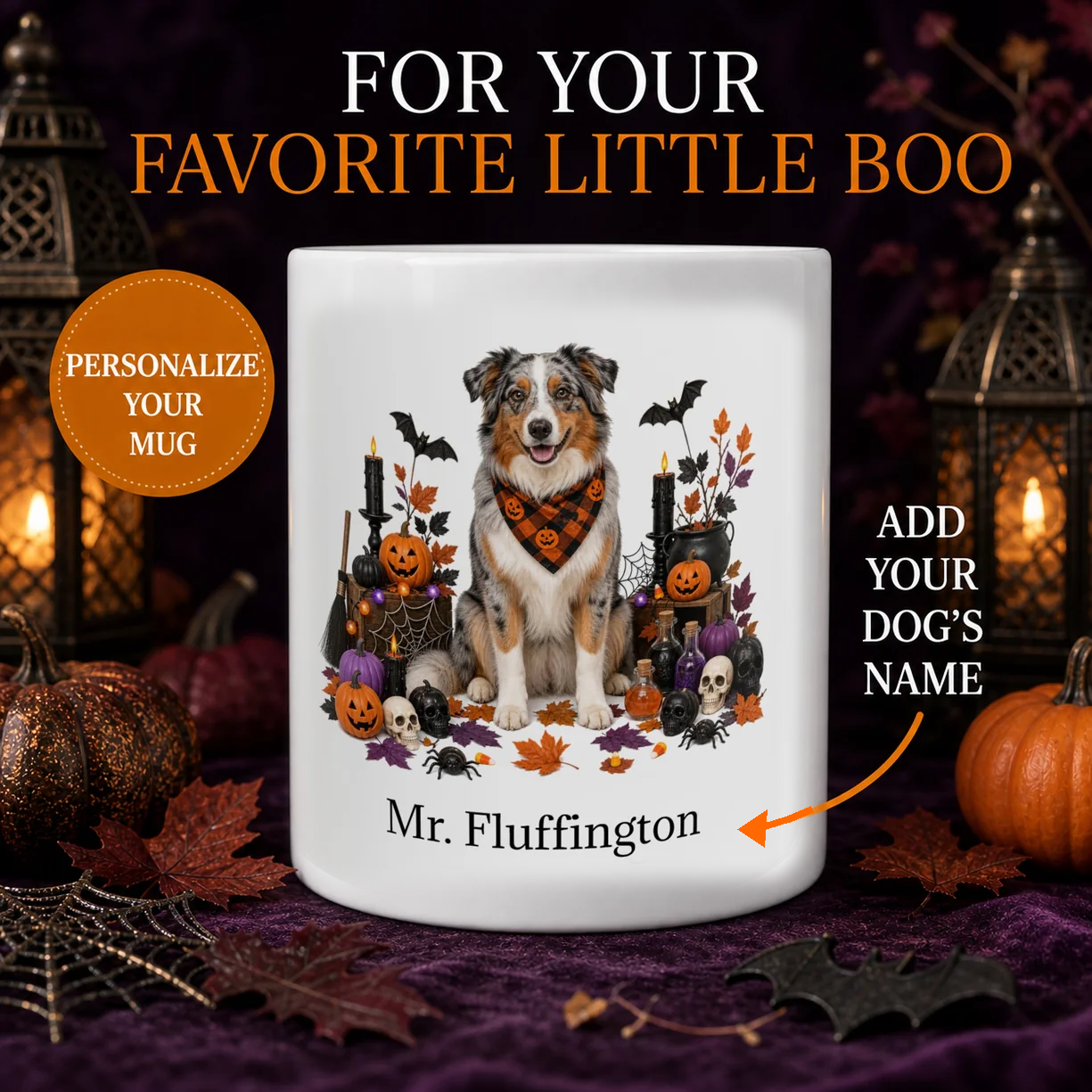 Personalized Australian Shepherd Halloween mug with custom dog name, pumpkins, candles, and fall design