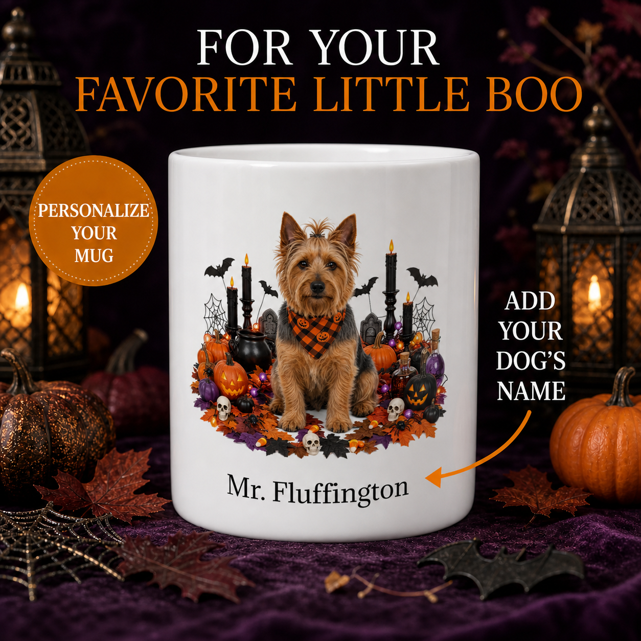 Personalized Australian Terrier Halloween Mug – Custom Dog Name Gift promotional hero showing personalized dog mug