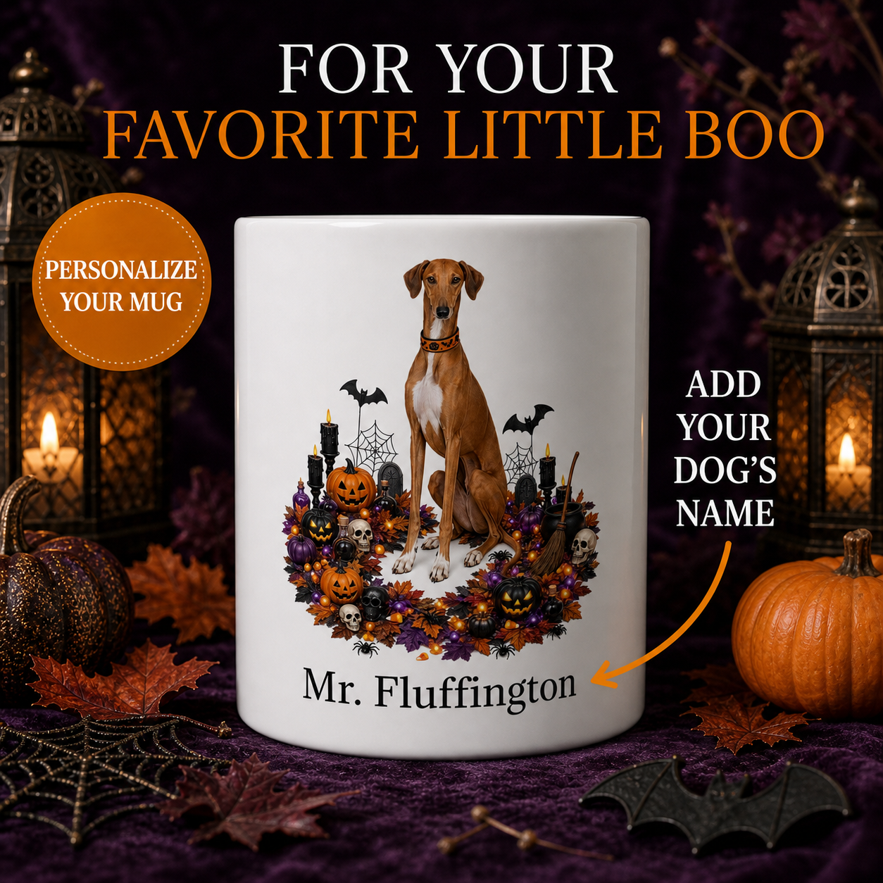 White Azawakh dog Halloween mug with custom pet name and spooky fall artwork — image 1